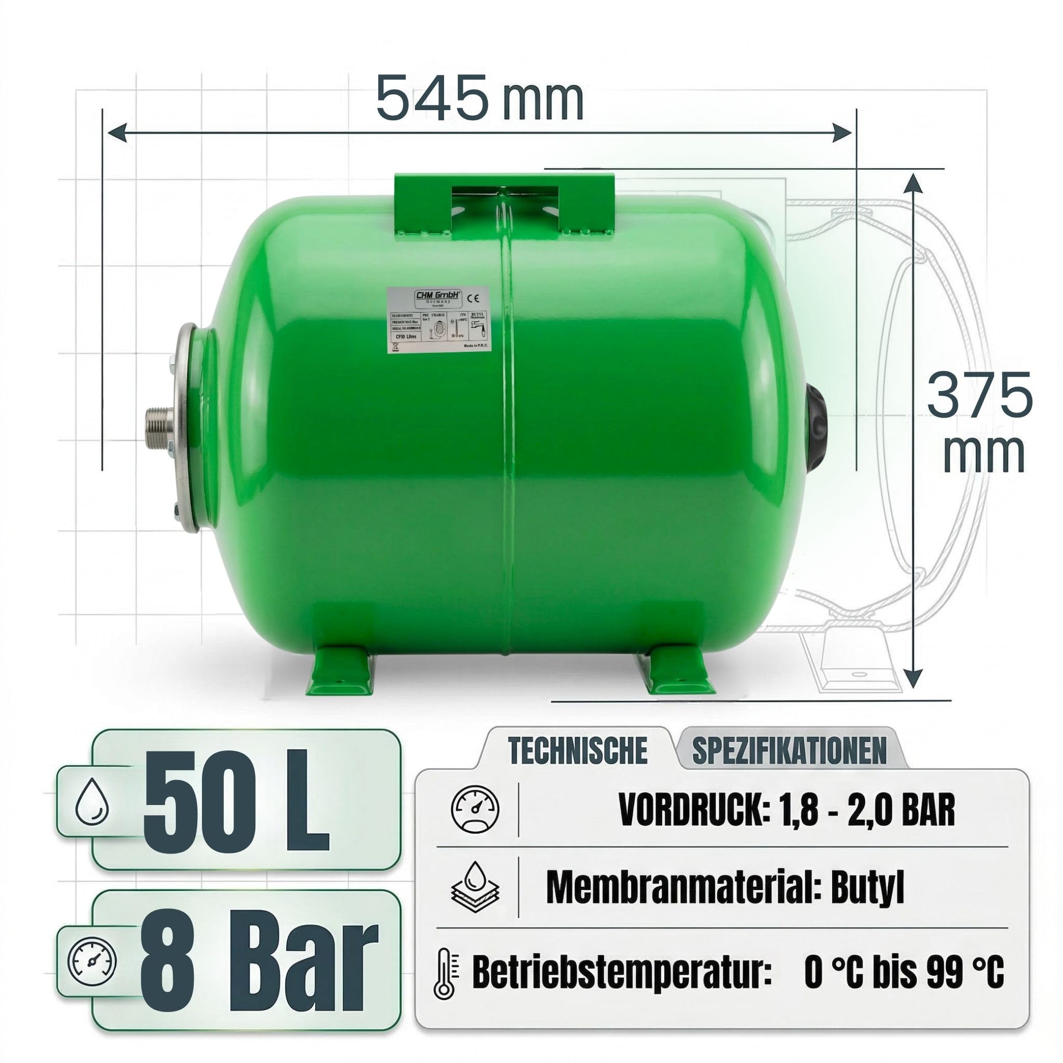 Membrankessel Drucktank 50 Liter Stahl, Druckkessel max. 8 Bar Druck