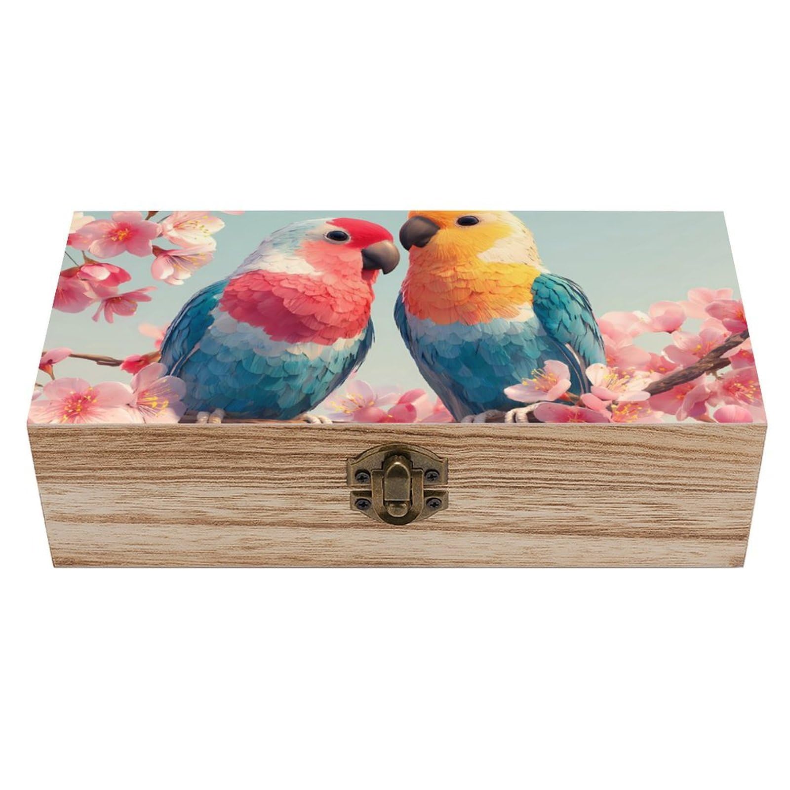 HLBSDM Bird Couple Parrots Wooden Box with Hinged Lid Decorative Storage Case Container