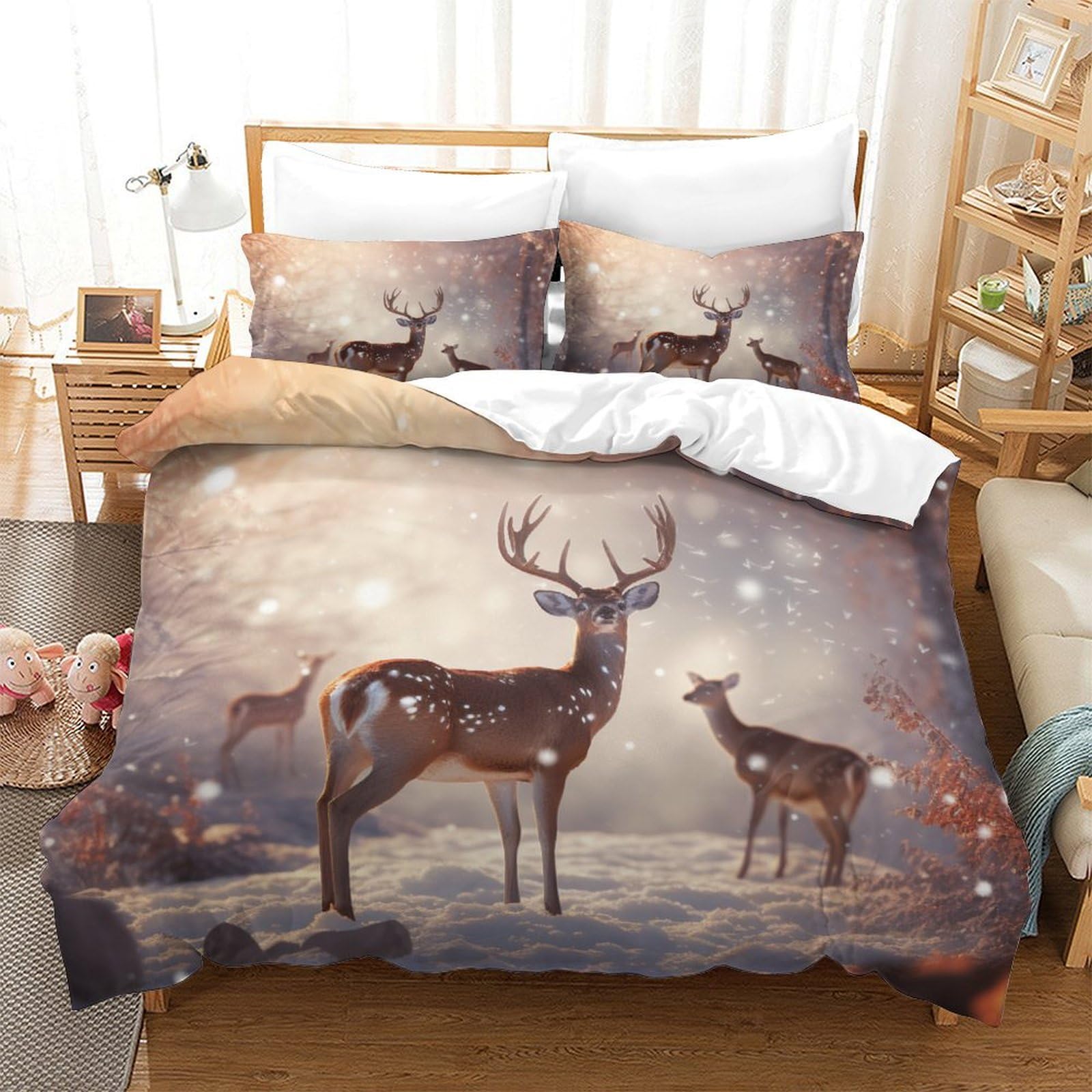 Housse de couette cerf 3D 260x220 parure de lit microfibre 3 pièces avec fermeture éclair