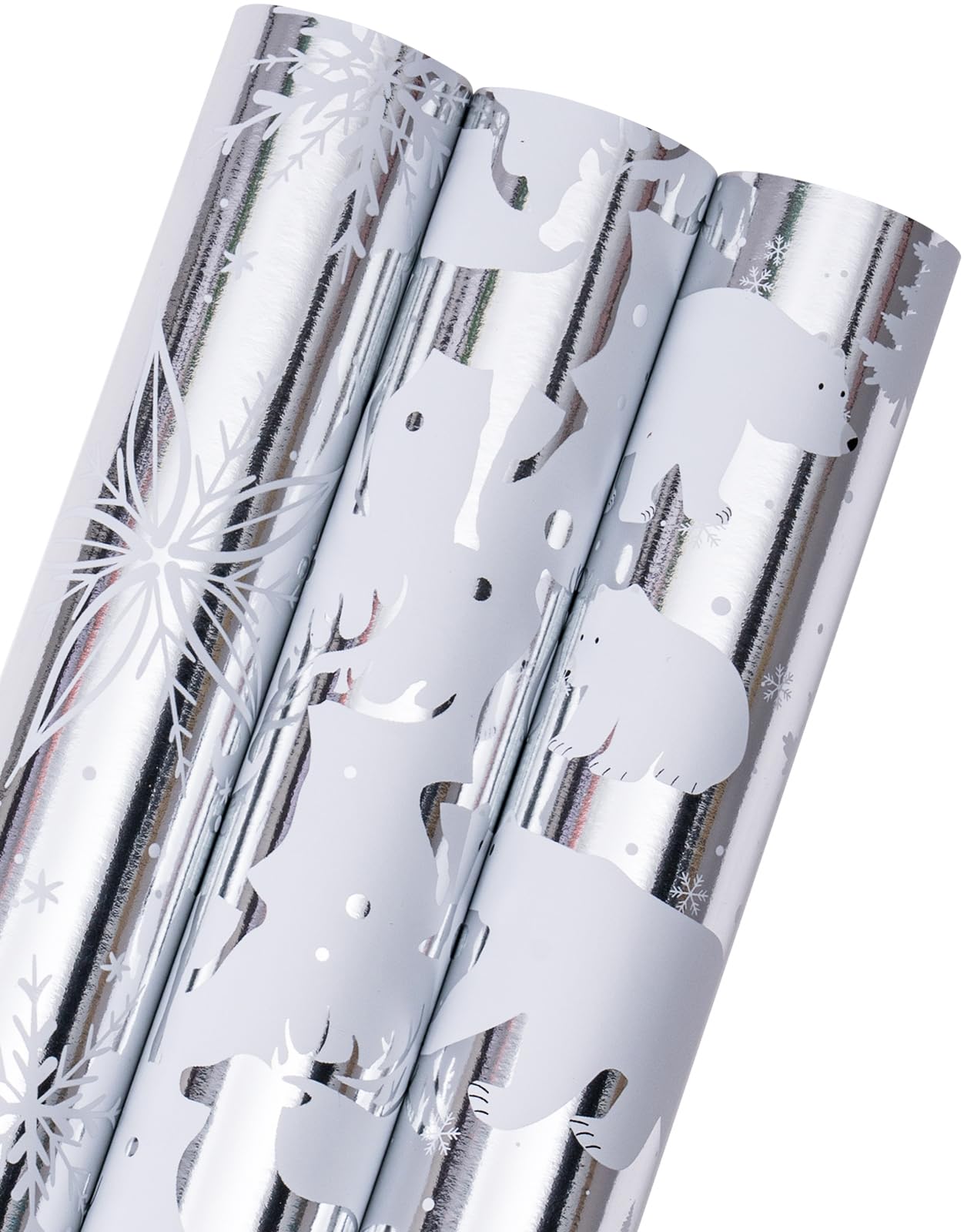 MAYPLUSS Christmas Wrapping Paper Roll - Mini Roll - 17 inch X 120 inch Per roll - Silver Bear, Snowflkes with Glitter Gold Foil Design(42.3 sq.ft.ttl)