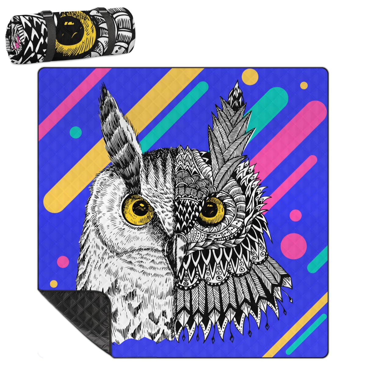 Shimoshe Extra Large Picnic Blankets 79”x 79”, Ethnic Owl Waterproof Foldable Picnic Mat with Straps Portable Beach Blanket for Camping Park Grass Beach Indoor