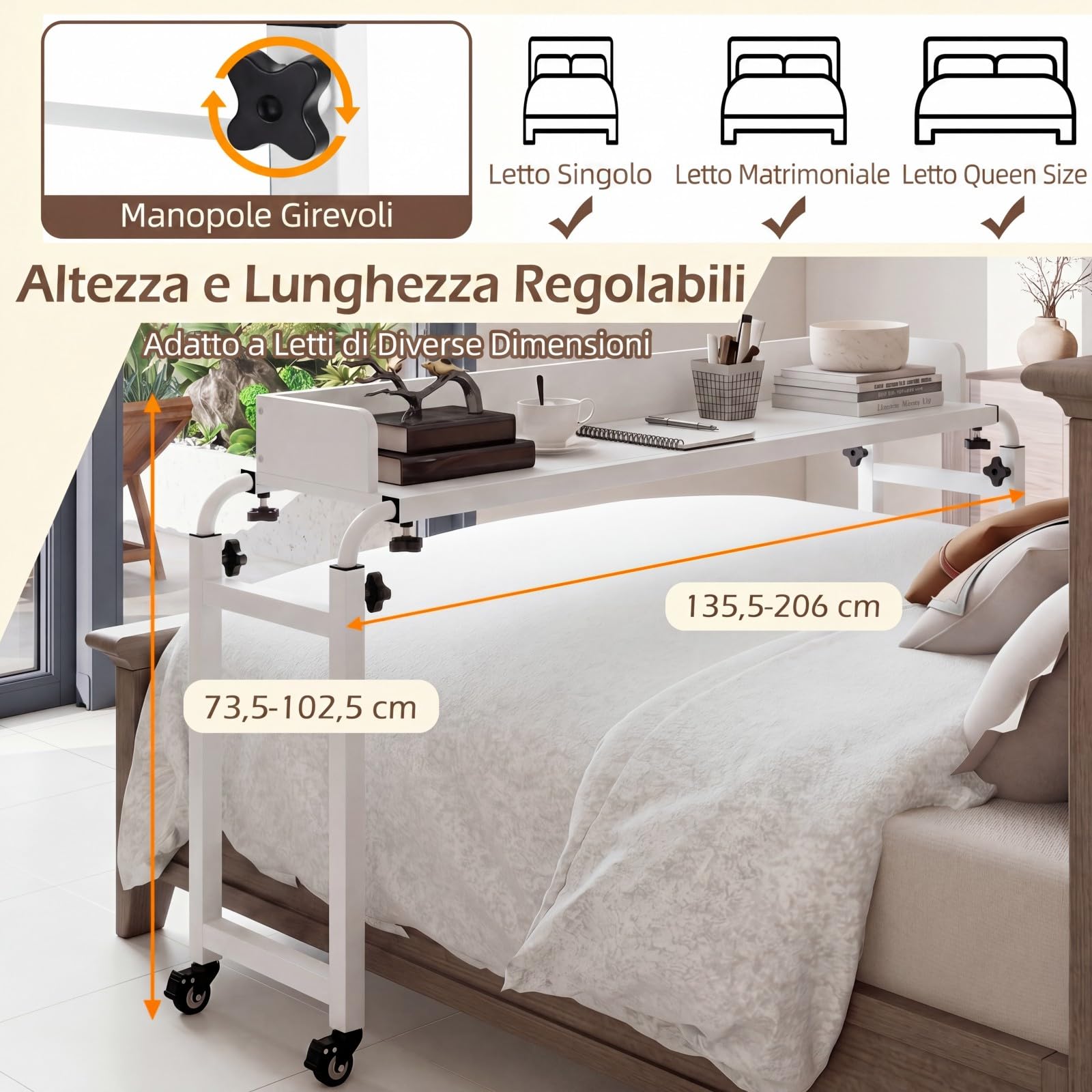 COSTWAY Scrivania da Letto con Ruote, Tavolino da Letto Salvaspazio con Altezza e Lunghezza Regolabili, Telaio in Metallo, Scrivania Portatile per Camera da Letto, Soggiorno e Ospedale (Bianco)