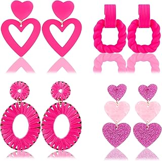 4 Pairs of Hot Pink Tassel Earrings, Boho Lover Earrings Statement Geometric Earrings Drop & Dangle Earrings Bohemian Pink Heart Drop Earrings Women Trendy Rectangle Twisted Earrings for Women Girls, Party Favors (Styles 2)