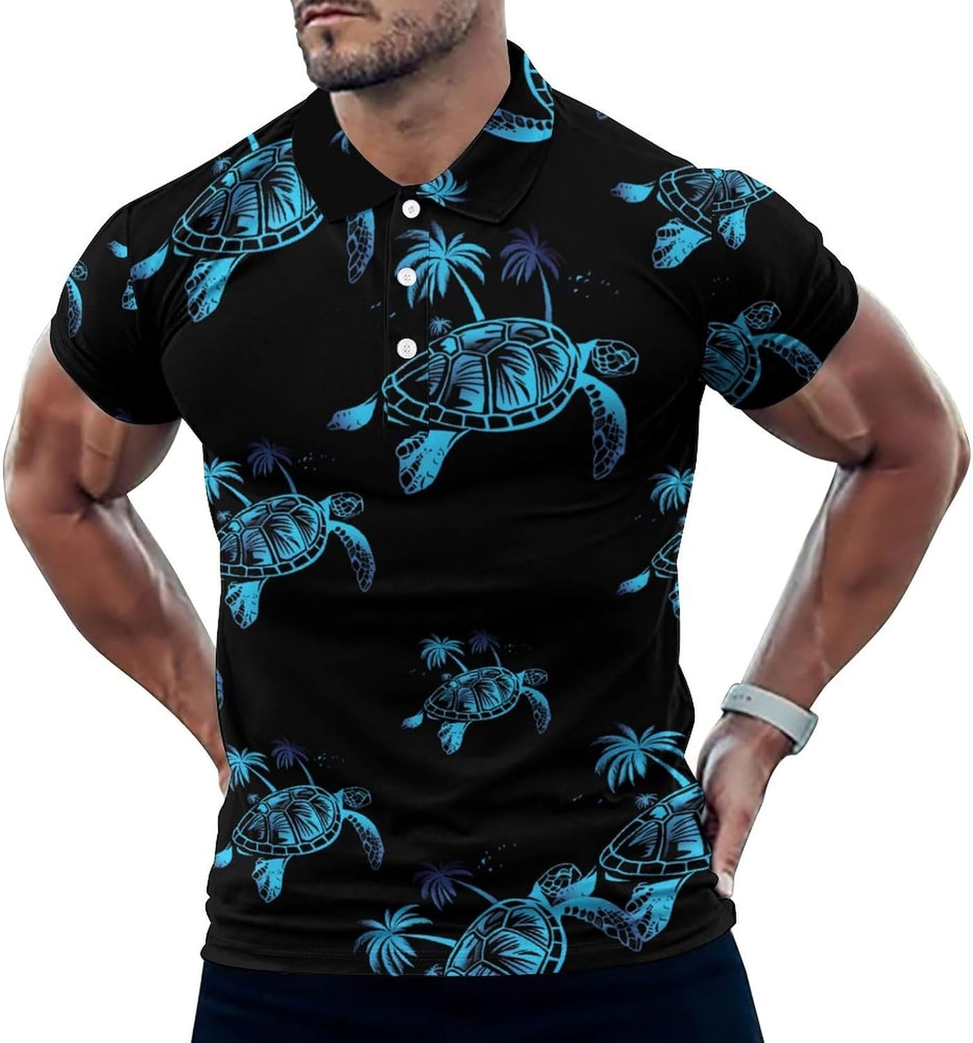 Gradie Sea Turtle With Palm Trees Polo Shirts for Men Short Sleeve Beach Tee Muscle Shirt Button Top