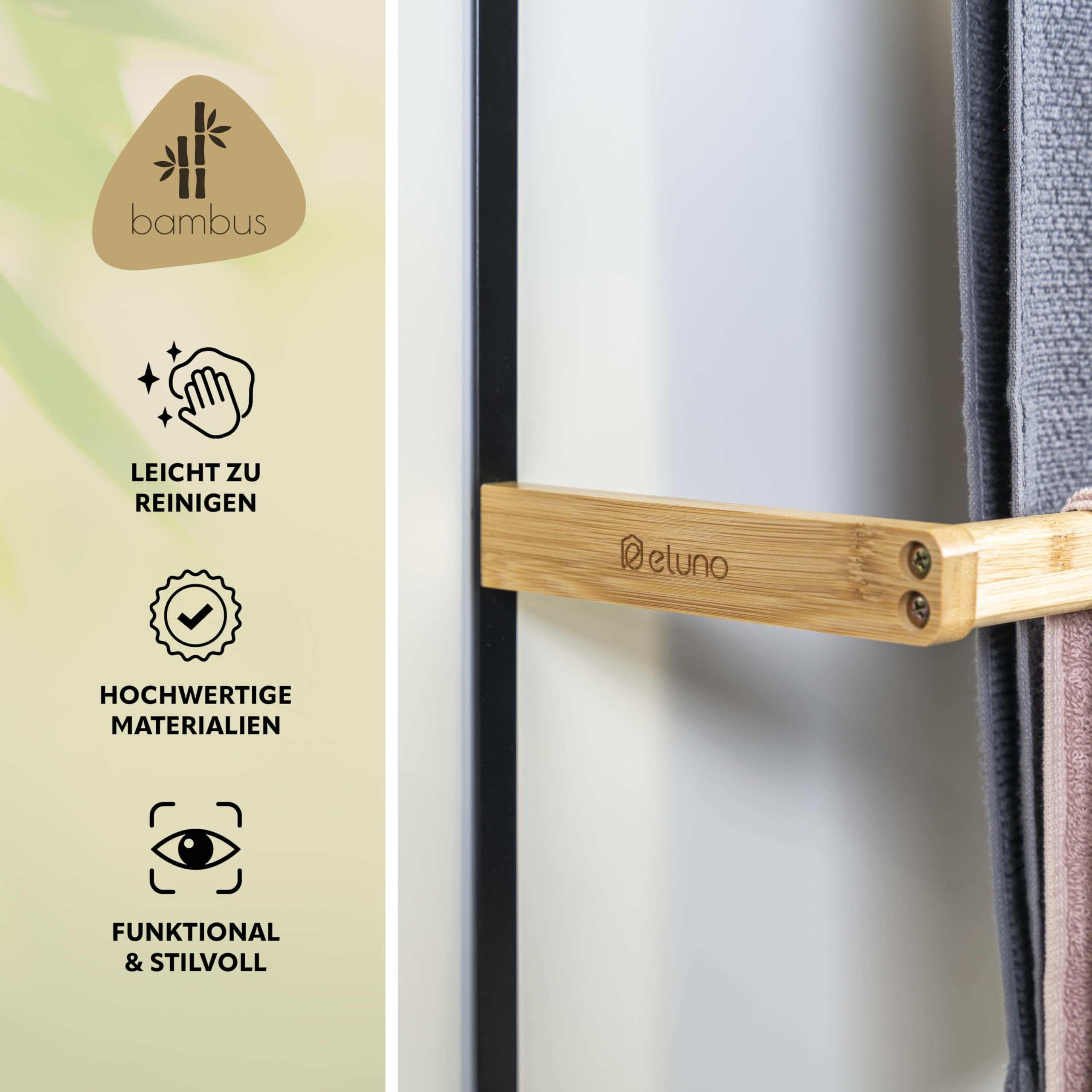 eluno Handdoekhouder voor de glazen douchewand van metaal en bamboe, handdoekhouder met 3 handdoekstangen, 4 praktische haken, om op te hangen zonder boren (Zwart