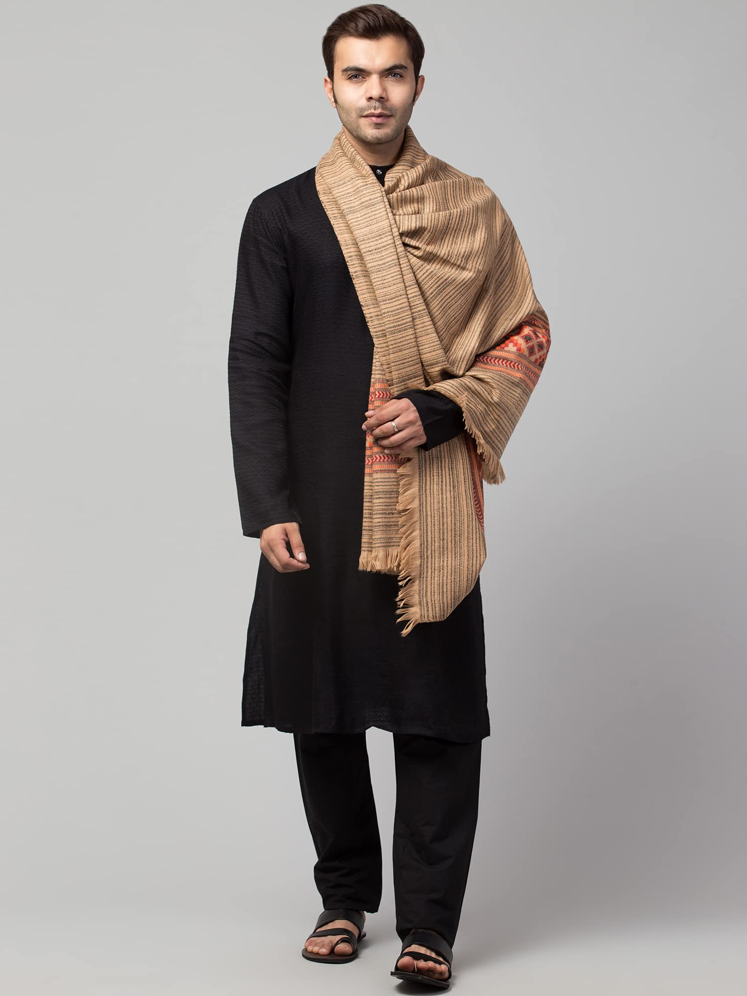 tweedle Kullu Shawl/Stole for Men Inspired by Himachal Handicraft, Traditional Stripes Design - Red 2
