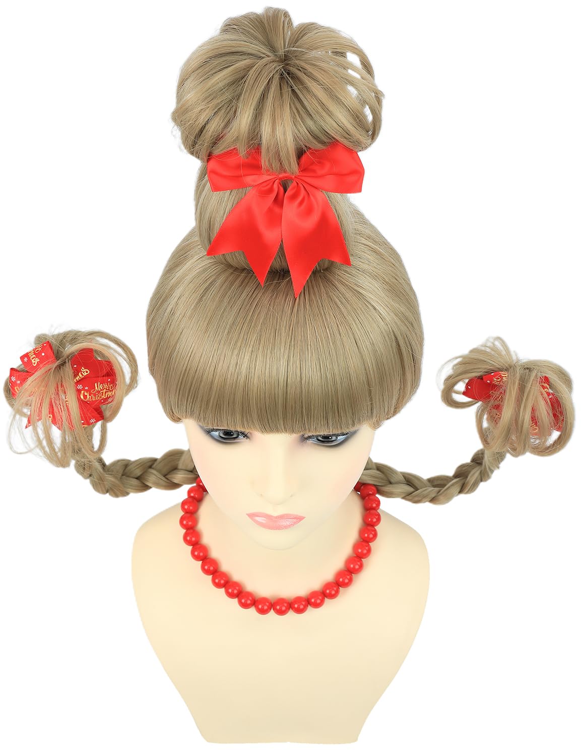 Christmas Costume Wig for Adult Women Blonde Braided Synthetic Wig with Red Bow Hair Clip and Necklace for Halloween Christmas Celebration Party