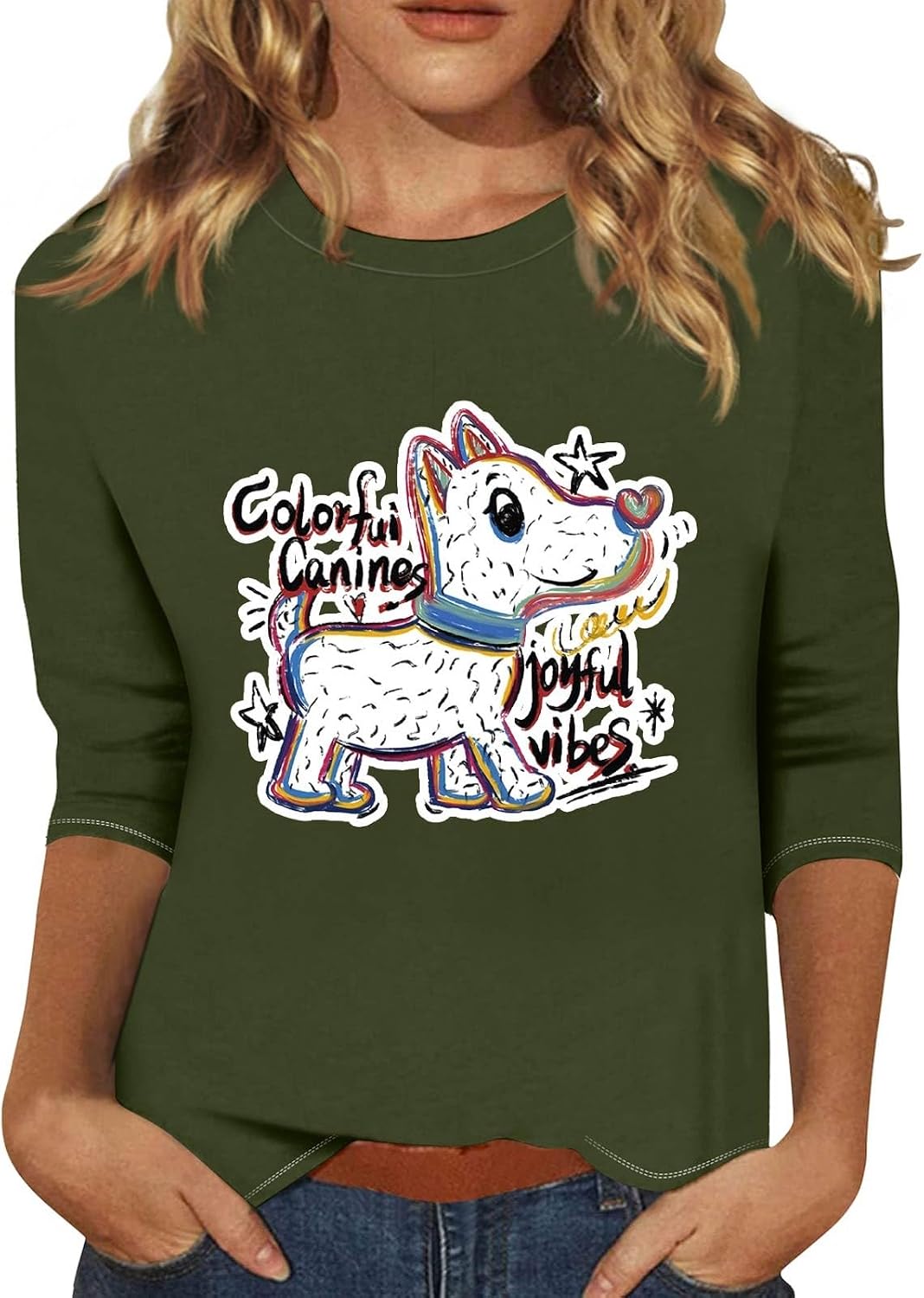Summer Tops for Women Cute Graphic Crewneck Tee Fashion 3/4 Sleeve 2D Print Shirts Lightweight Blouses Trendy Tunic