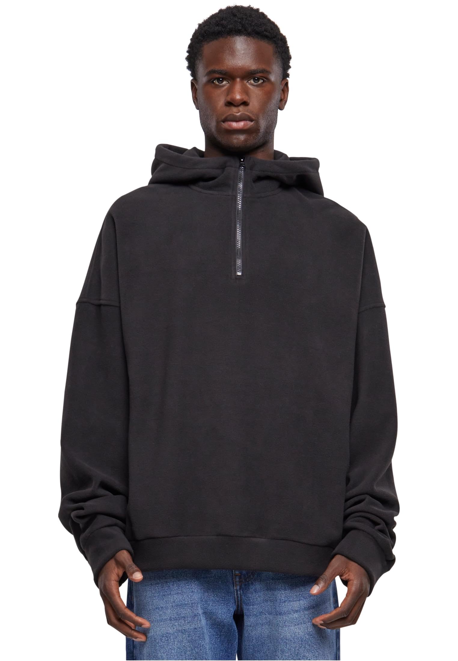 Urban Classics Men's Oversized Polar Fleece Half Zip Hoody Hooded Sweatshirt, Black, M