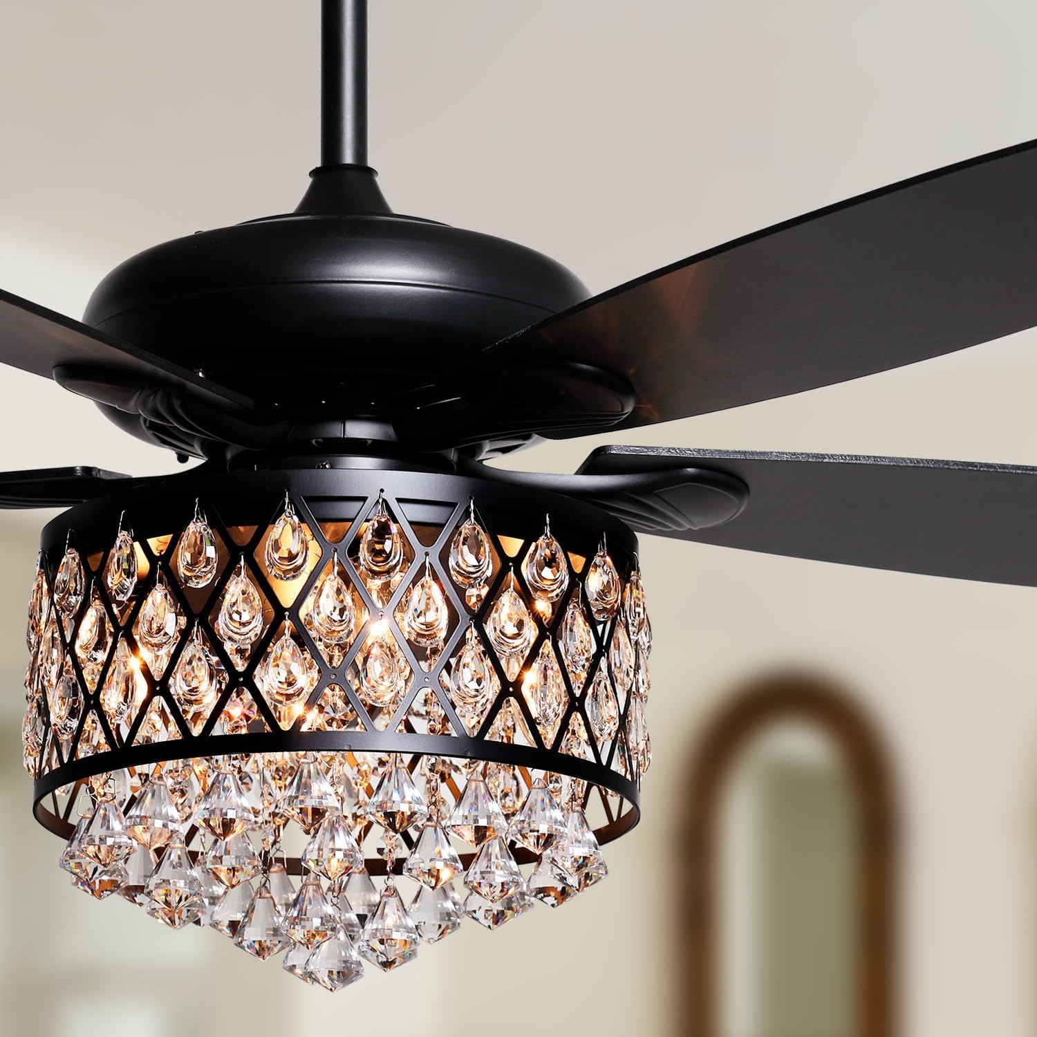 Parrot Uncle Fandelier Ceiling Fan with Light 52 Inch Rustic Farmhouse Ceiling Fans with Lights and Remote, Quiet Reversible Motor, Modern Crystal Chandeliers for Bedrooms