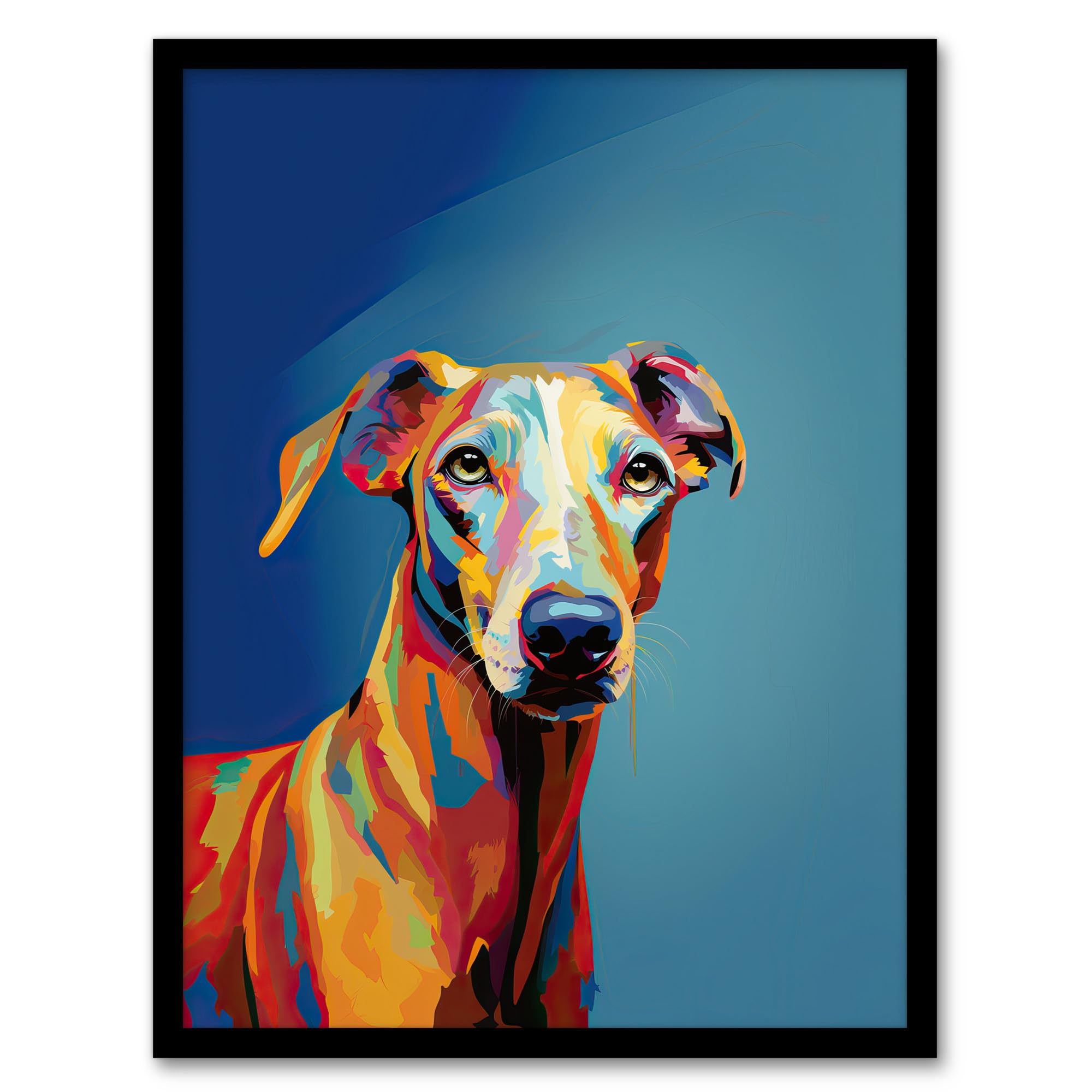 Artery8 Greyhound Dog Lover Gift Pet Portrait Orange Blue Artwork Painting Artwork Framed Wall Art Print A4