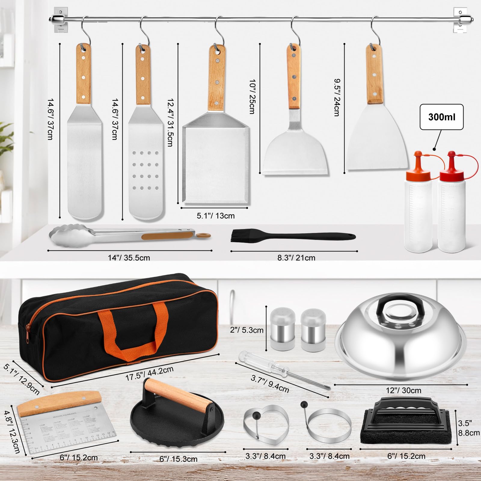 Grillzubehör 25 Stück, Leonyo Flat Top Grillzubehör, Professionelles Grillwerkzeug mit Vergrößertem Spatel Schaber, Backabdeckung, Smash Burger Presse, Tragetasche für Outdoor Grill, Holzgriff