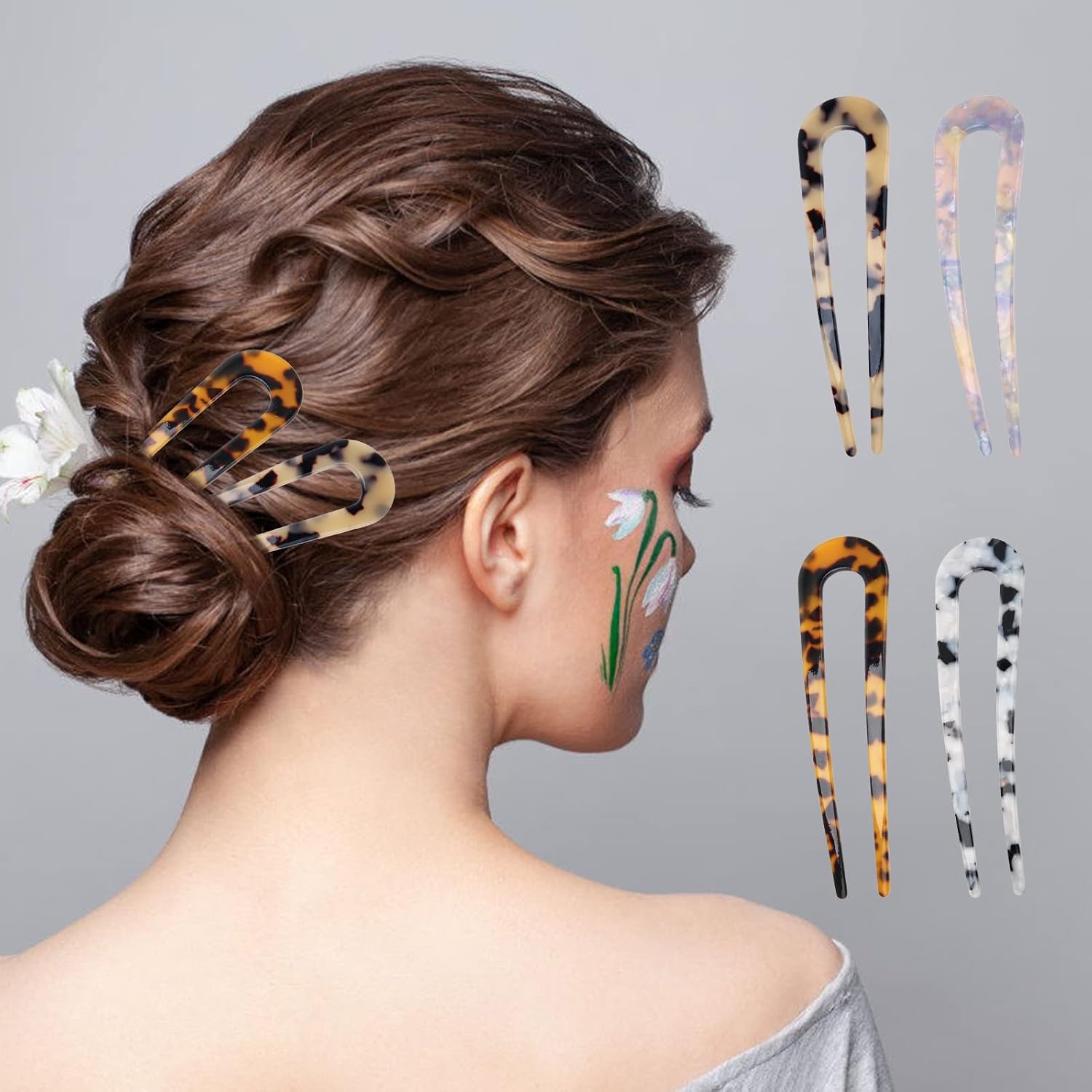 6+4P Acetate Hair Sticks Set, Coldairsoap 2 Styles Tortoise Shell Hair Pins U-Shaped Straight Chopsticks 10 Colors Vintage French Hair Forks for Women (Classic)