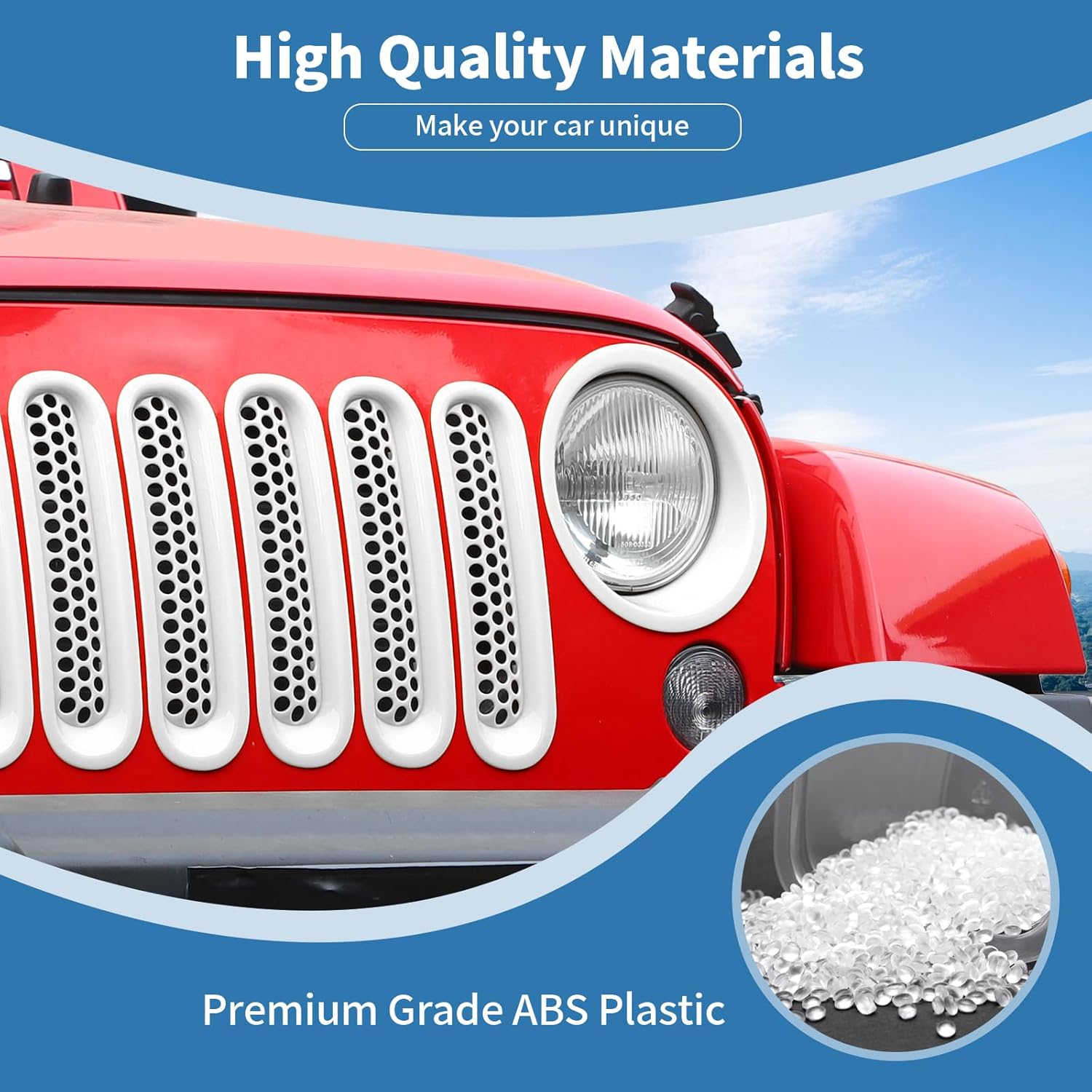 for Jeep JK Front Grille Inserts & Headlight Cover Trim Ring for Jeep Wrangler JK JKU 2007-2017 White Exterior Accessories 9pcs