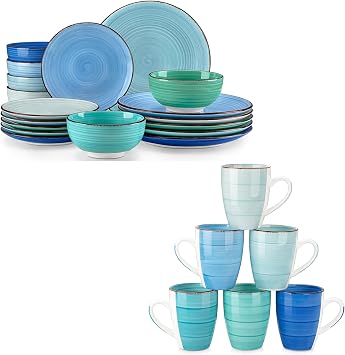 vancasso Bonita Dinnerware Set with Mugs Bundle for 6 18-Pc Blue Stoneware Plates and Bowls Set and 6 Coffee Mugs 16 oz