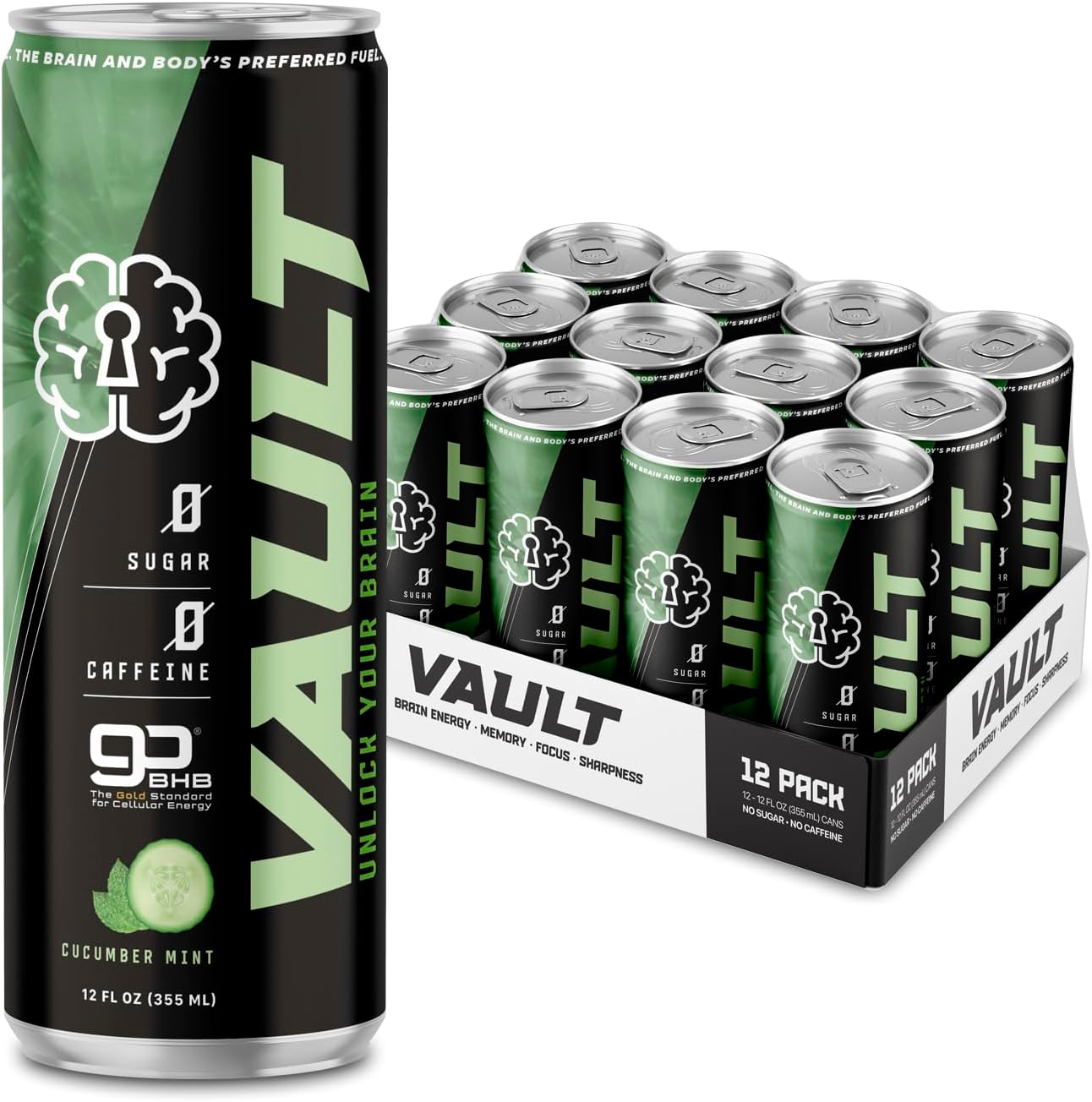 VAULT Caffeine Free Brain Energy Drink – Nootropic for Mental Focus Sharpness Memory and Reaction Time – No Crash or Jitters – Sugar Free – 12 Fl Oz (Pack of 12) – Crisp Cucumber Mint Flavor