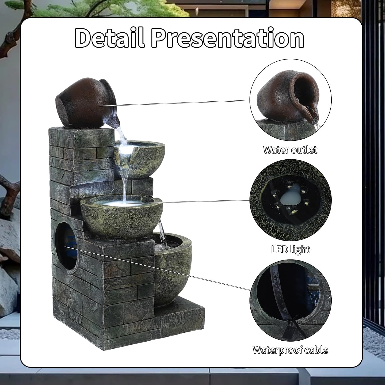 4-Tiers Outdoor Garden Water Fountain, 24 inch H Cascading Bowls and Stacked Stones Outside Patio Outdoor Water Fountain with LED Light, Without Atomizer Warm Light