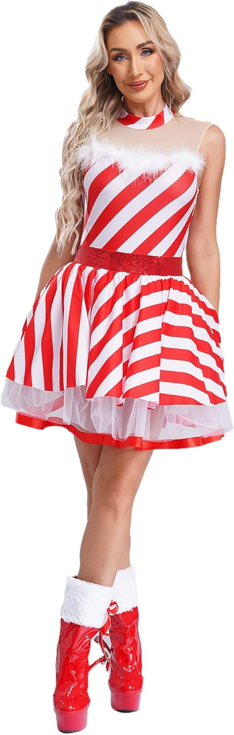 JEYPINMI Christmas Candy Cane Dress Sequins Ballet Tutu Dress Fancy Dress Up for Women Girls