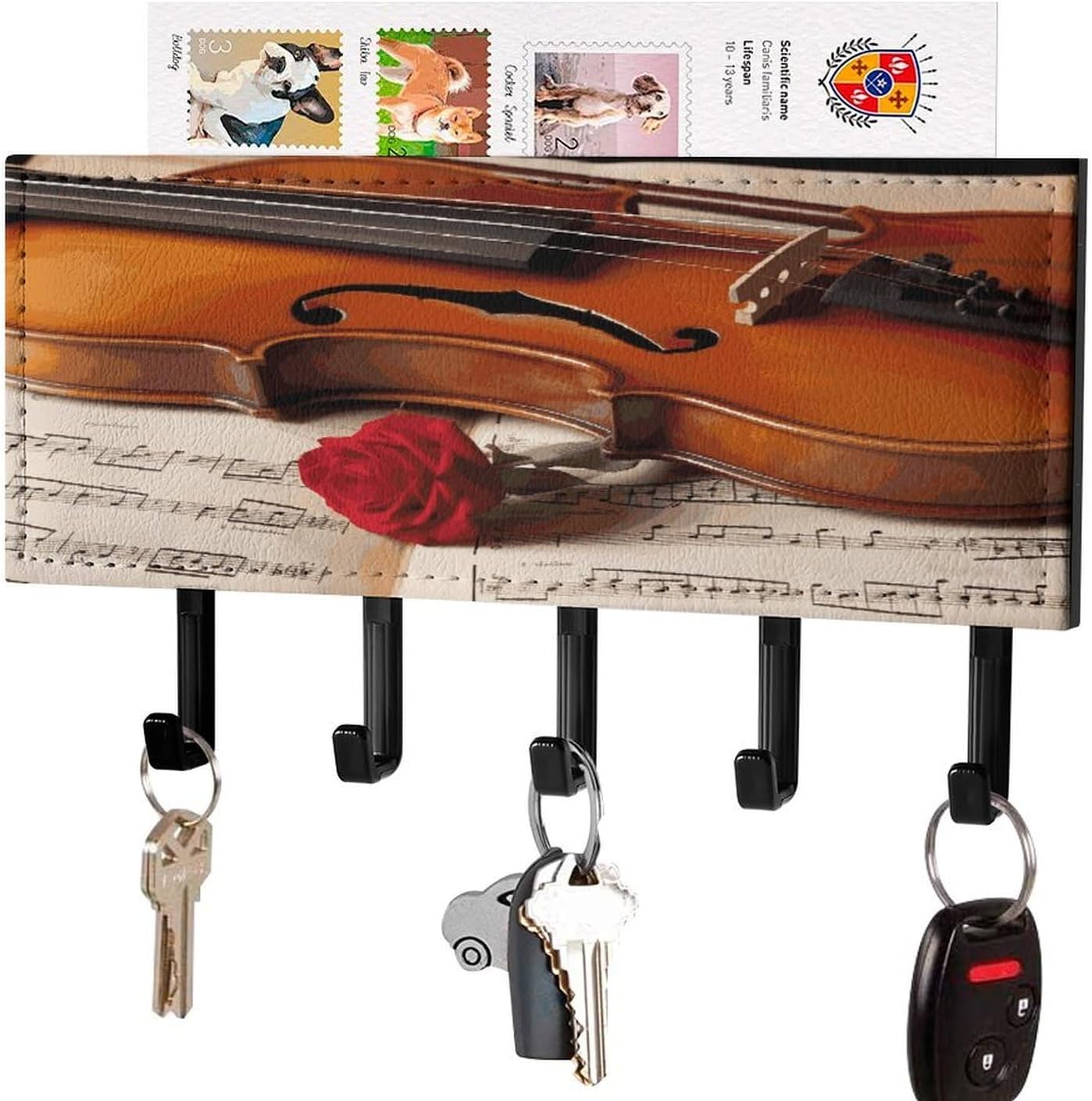 Violin Sheet Music Key Holder for Wall 2 Installation Ways Keys Hanger Mail Organizer for Wallet House Accessories 5 Rustic Key Hooks and Floating Shelf for Home Decor