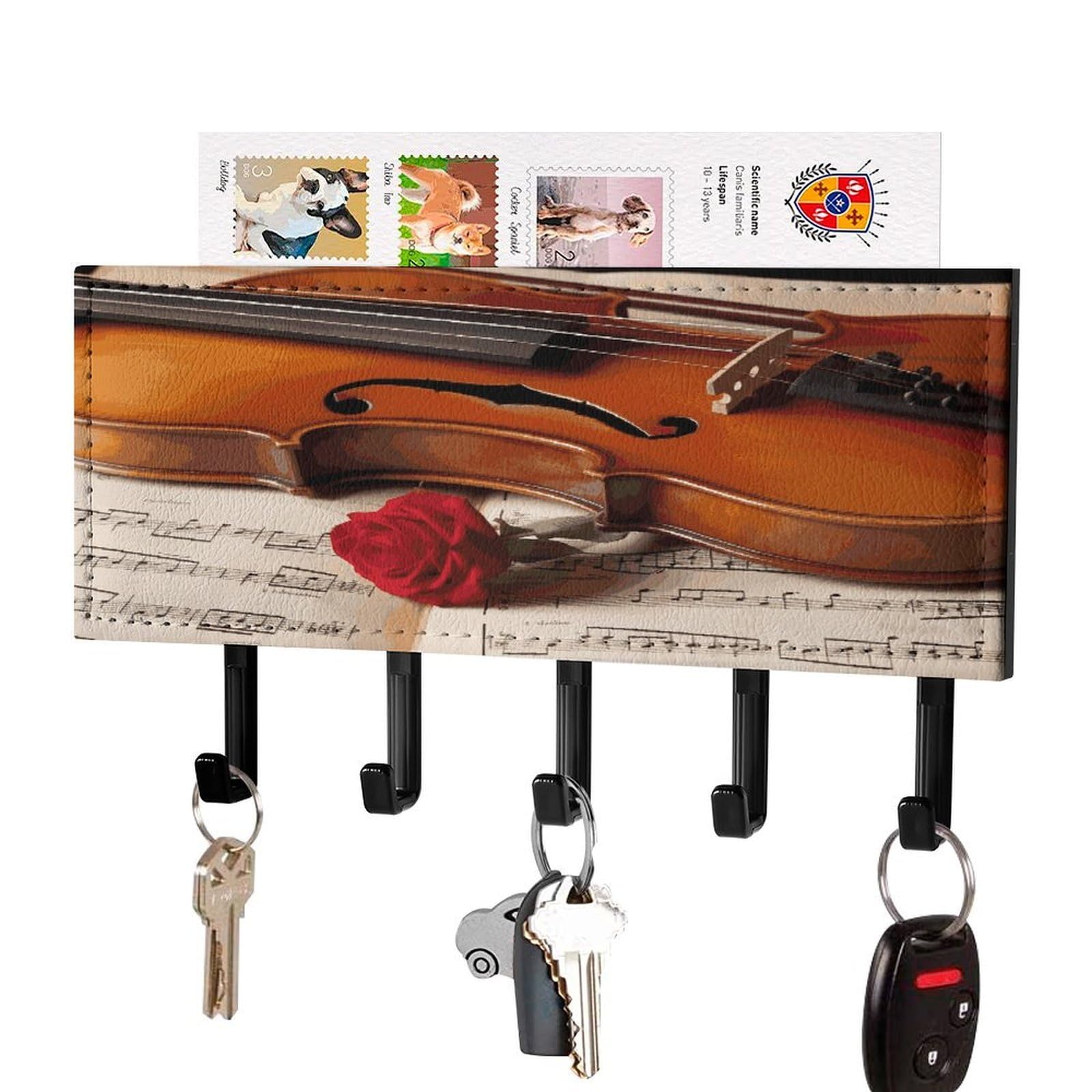 LDGSUPH Violin Sheet Music Key Holder Wall Mount Key Hanger with 5 Hooks Fashion Key Organizer Rack Hanging Key Hooks with Mail Organizer Key Rack for Home Entryway Hallway Black-Style