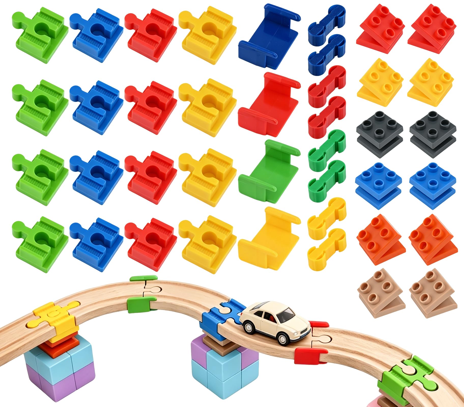 WEXFFU Train Track Connectors, 28 Pieces Wooden Train Track Accessories