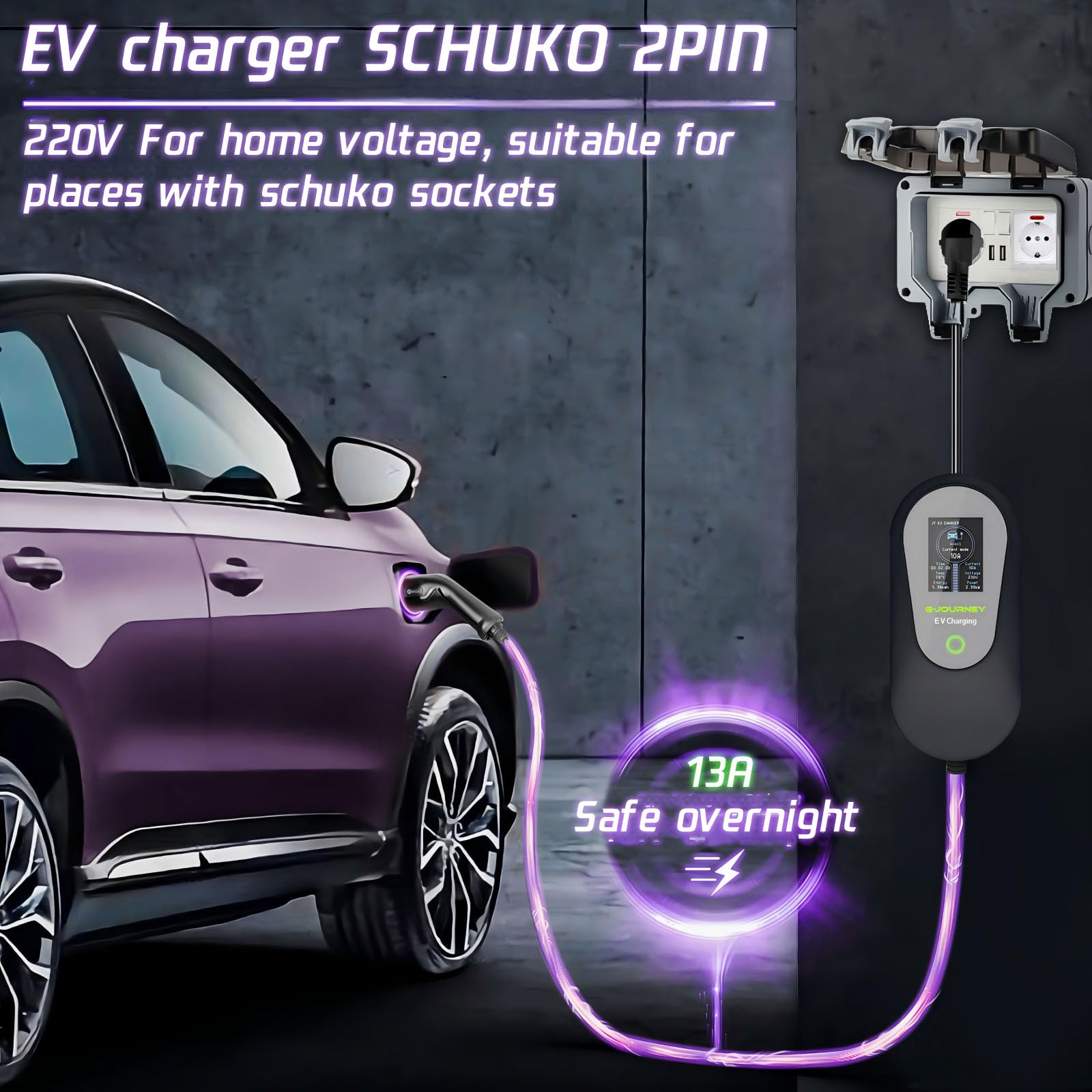 Ladekabel Elektroauto Typ 2 Schuko 5M【8-13A,1-phasig】 Tragbares EV Ladekabel Typ 2 Schuko Ladegerät EV Charger 3kW mit Steuerbarer Digitalanzeige Kompatibel mit Allen PHEVs/EVs