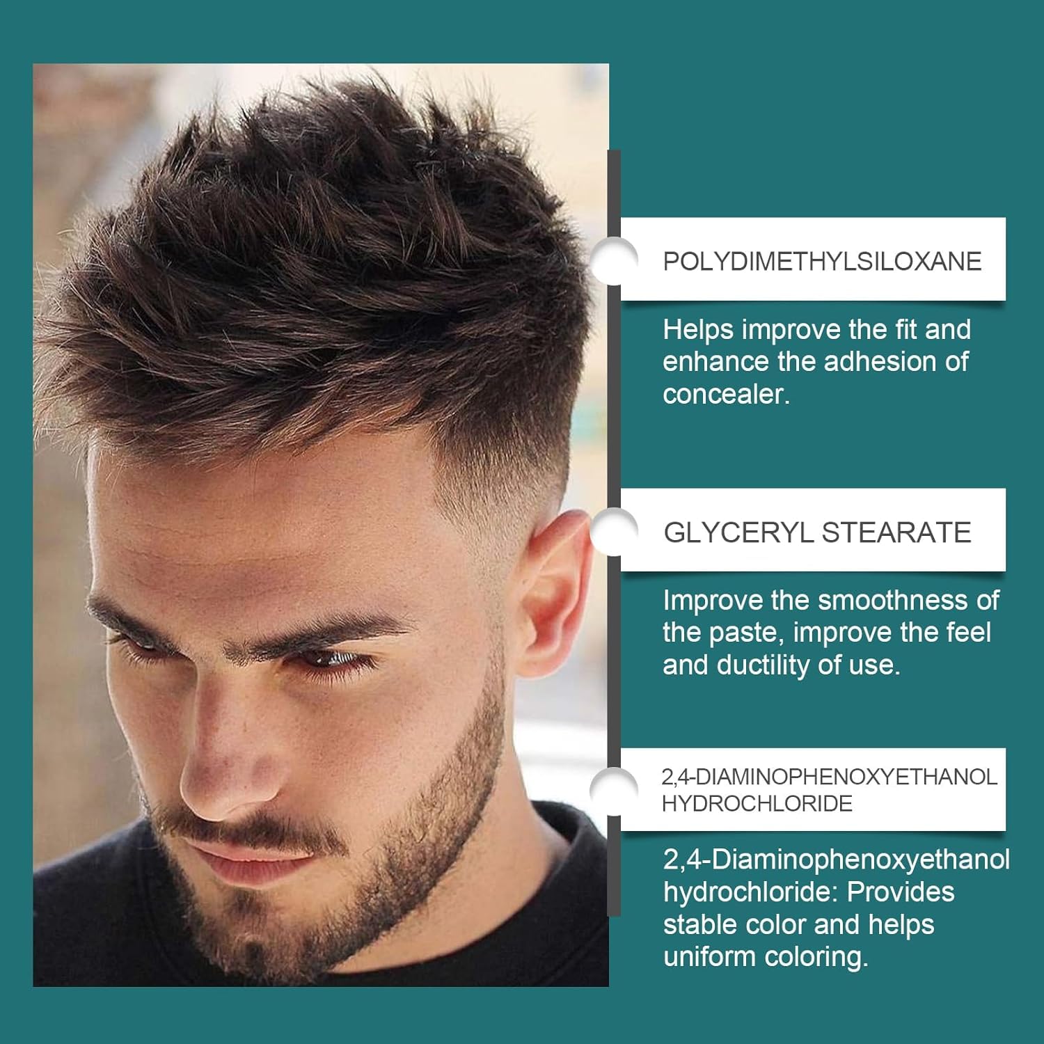 Crème anti-cernes, soin capillaire quotidien, cache les zones chauves, couvre les zones clairsemées en quelques secondes, modifie la texture du cuir chevelu et masque les démarcations.