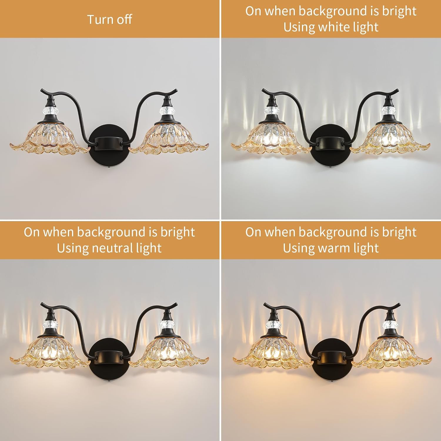 Vintage Bathroom Vanity Light Fixtures - 2 Light Antique Matte Black Bathroom Lights Fixture Over Mirror with Amber Flower Glass,Retro High End Wall-Mounted Vanity Lighting for Bath Powder Room