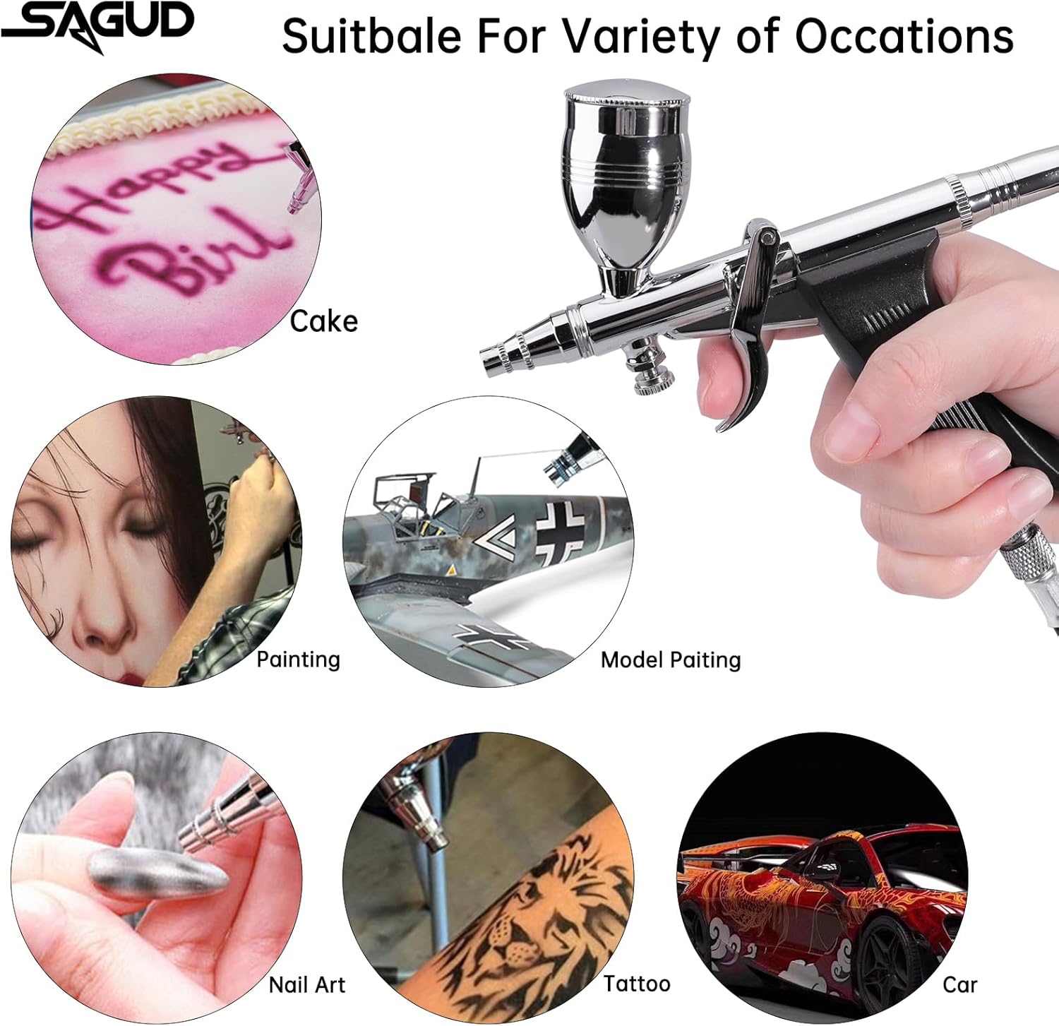 SAGUD Airbrush Gun Set Single Action Air Brush Pen 0.3mm with Extra 0.5 0.8 mm Needles,Airbrush Hose and 2CC/5CC/13CC Cup Kit