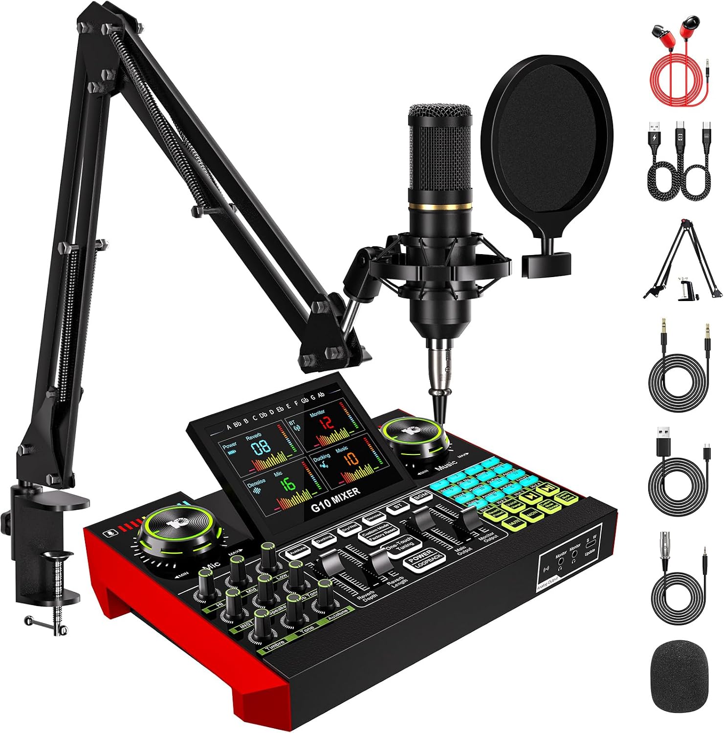 Neculogy Audio Interface Podcast Equipment Bundle with 3.5mm Condenser Microphone, Audio Mixer for PC, Mac & Phone, Voice Changer, Noise Reduction for Streaming, Gaming & Recording
