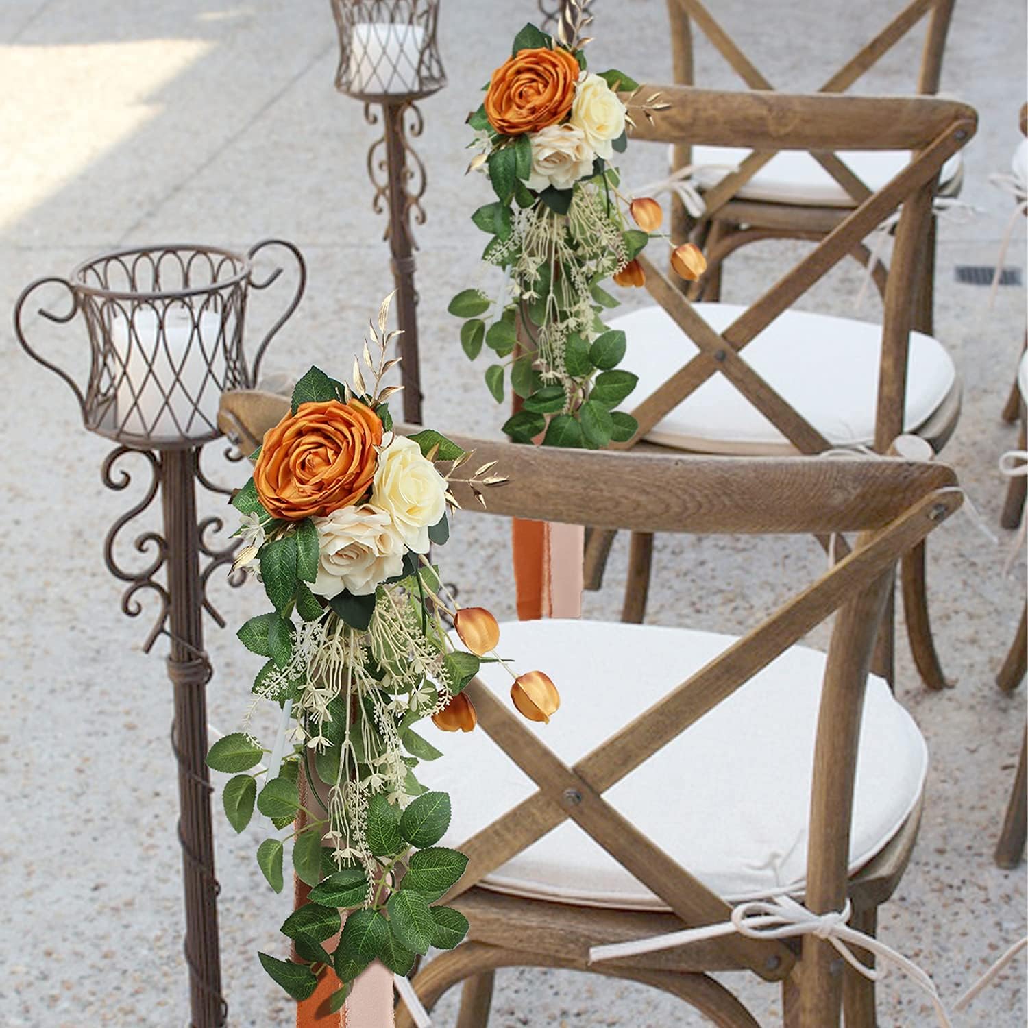 Rinlong 6Pcs Wedding Aisle Decorations Church Chair Bench Flowers for Wedding Ceremony Decor Burnt Orange Artificial Flowers Wedding Chair Decor