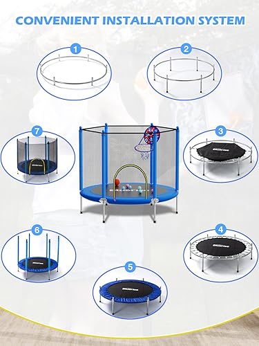Miniatura 8 de Bluerise - Cama elástica de 55 pulgadas6 pies, para niños, juego interior y exterior, con canasta de baloncesto para cama elástica, malla de