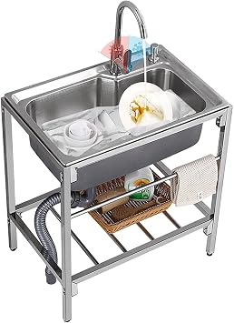 Commercial Restaurant Sink Stainless Steel Utility Sink Free Standing Kitchen Sink Set w/Storage Shelve/Cold Hot Water Faucet for Laundry room Backyard Garage Indoor Outdoor 27.9in Rectangular