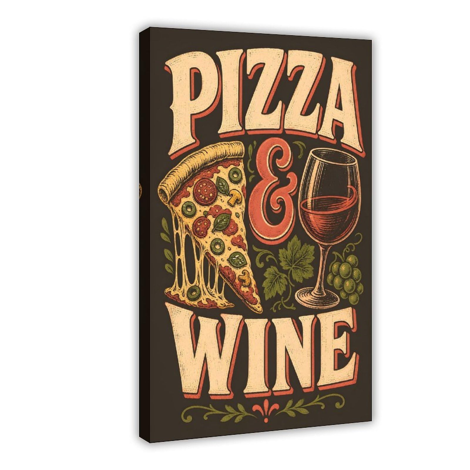 Jfecth Frame-Style Pizza And Wine Kitchen Poster Canvas Poster For Office Decor Gift