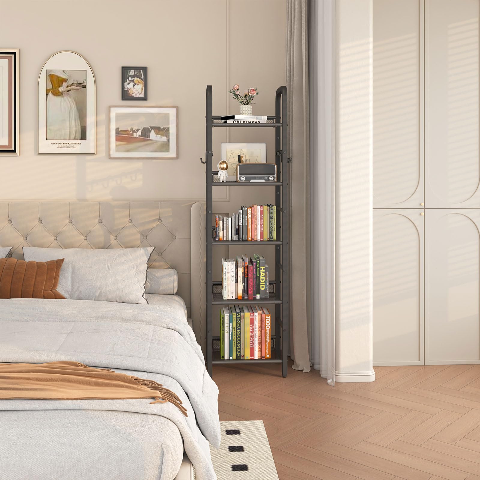 YMYNY Estantería de 5 Niveles, Librería, Biblioteca, Estante de Almacenamiento, con Gancho en S de 8 Piezas, Marco Metálico, Estilo Minimalista, para Sala de Estar, Oficina, Baño, Negro HBC055B