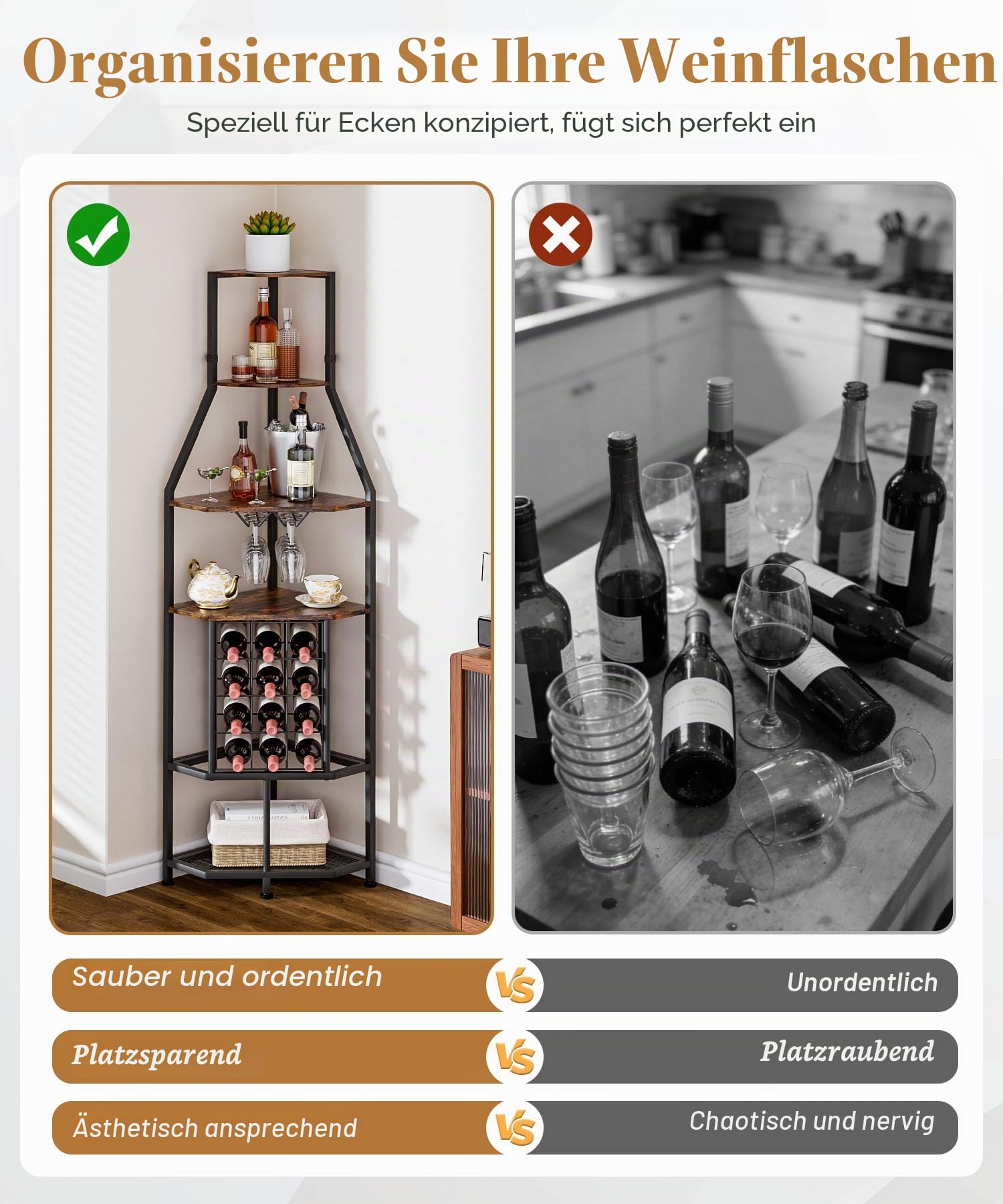 Yorbay 5-Stöckiges Freistehendes Weinregal für die Ecke | Eck-Weinregal mit Glashalter und Weinflaschenhalter - Industrielles Barregal aus Metall-Holz für Bar Küche Esszimmer