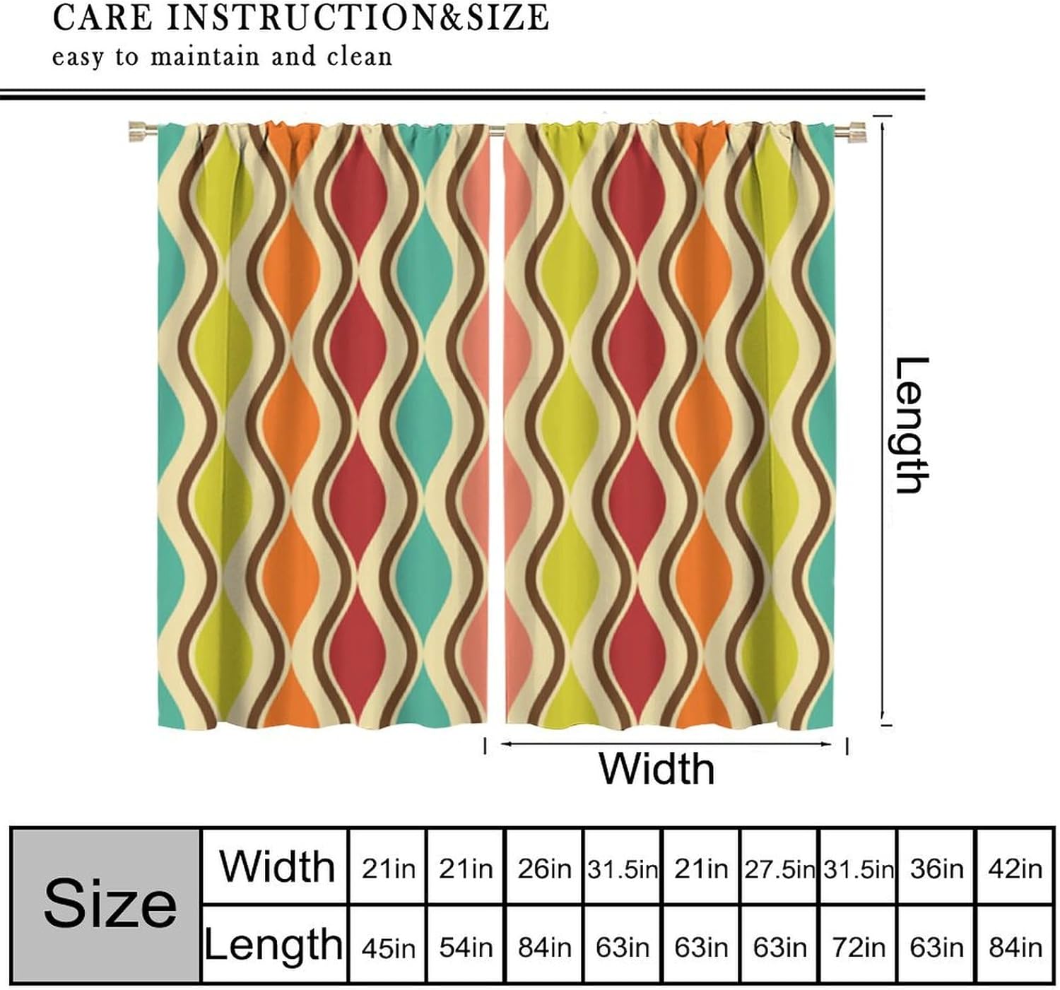 Mid Century Geometric Retro Window Curtains,Brown,Yellow,Red and Cream,Vintage 70s Abstract Window Treatments for Bedroom Living Room Décor Drapes 2 Panel Sets Total Size 42" x 63"