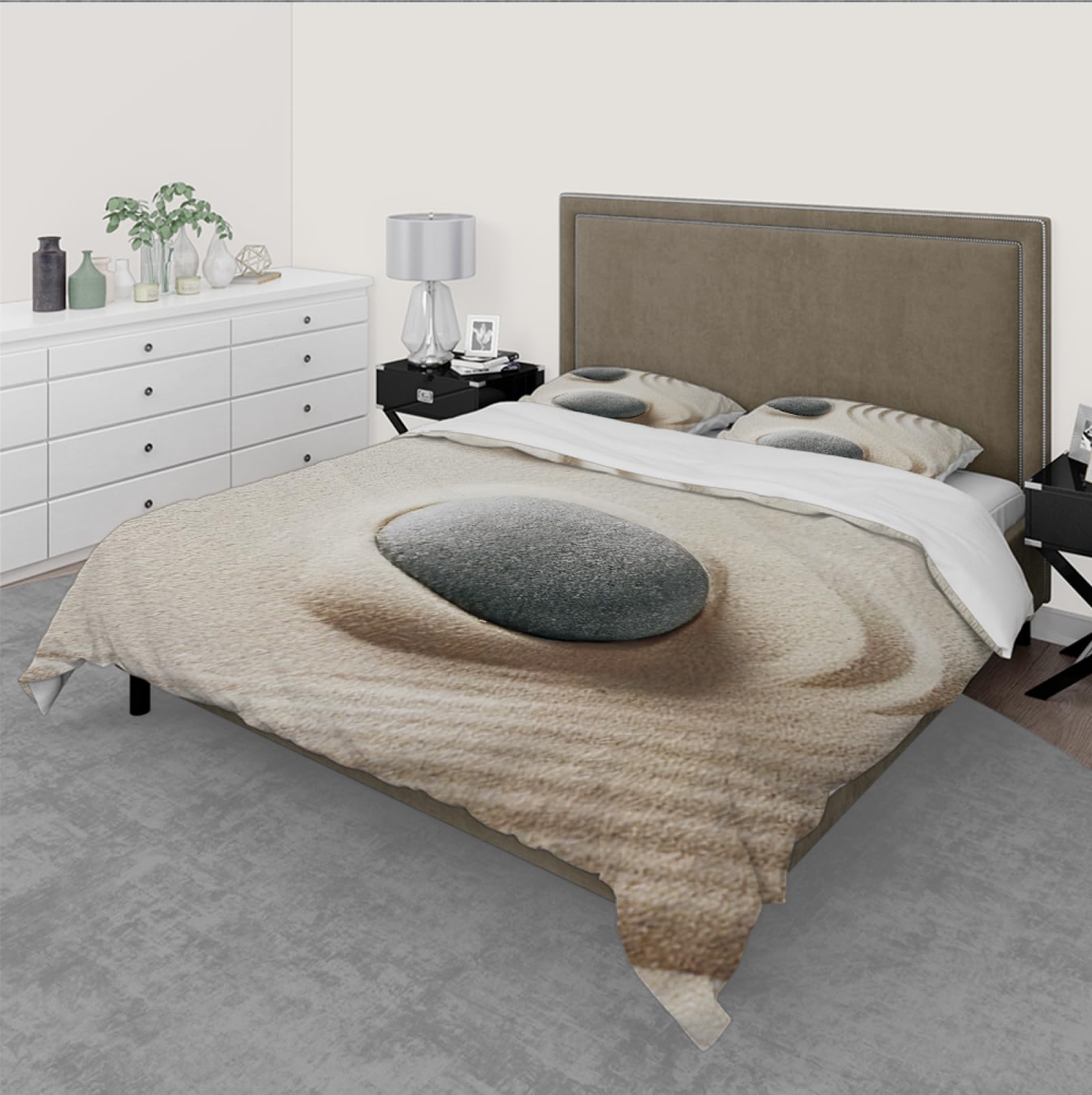 Grigio Zen Stone Theme Bedding Set Beige Sand Beach Landscape Pattern Duvet Cover Set 3 pezzi Piumino Cover con 2 federe 200x200cm