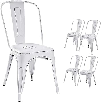 Devoko Metal Indoor-Outdoor Chairs Distressed Style Kitchen Dining Chairs Stackable Side Chair with Back Set of 4 (White)