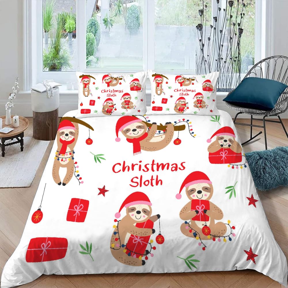 DILANI Duvet Cover Set double size 3D Sloth Christmas Quilt Cover Soft Microfiber Comforter Cover With Zipper Closure Bedroom and 2 Pillowcase Cartoon Animals Bedding Sets for Kids Teens and Adults