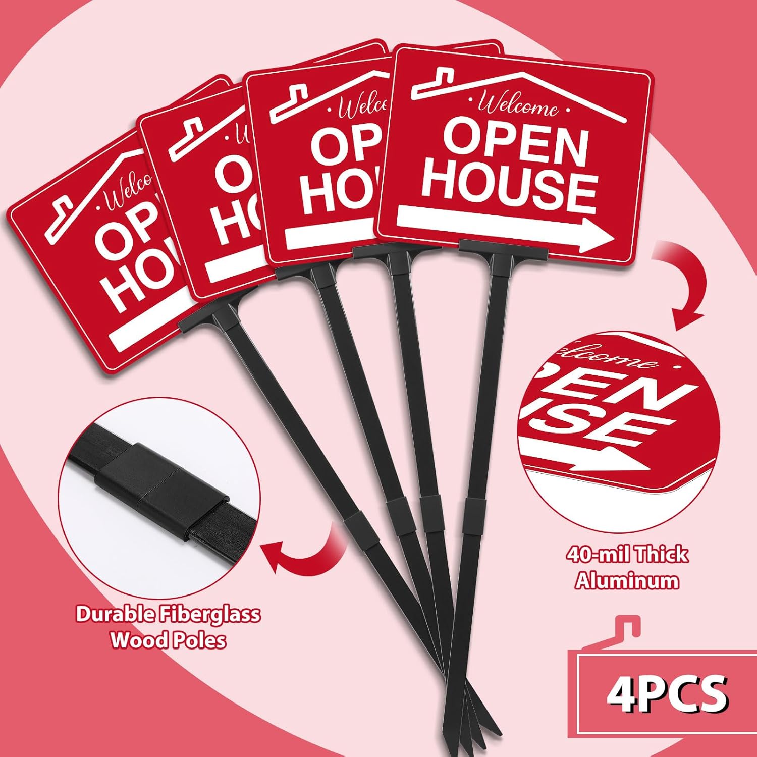 4 Pack Open House Signs for Real Estate Double-Sided Aluminum Yard Signs 15.7" x11.8" with Adjustable 32" Plastic Stakes UV Ink Outdoor Metal Yard Directional Arrows Agent Supplies (Red)