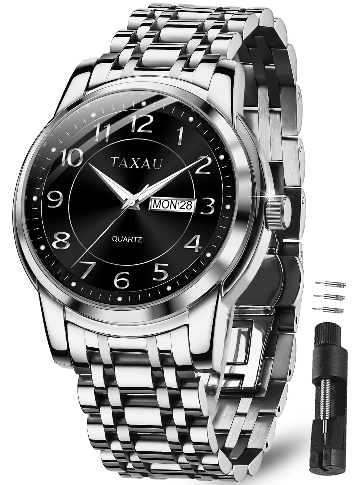 Taxau Uhr Herrenuhr Silber 3Bar Wasserdicht Luxus Analoguhr Quarz Armbanduhr Herren Edelstahl 41mm Großes Zifferblatt mit Datum Woche Klassisch Business Mode Männer Herren