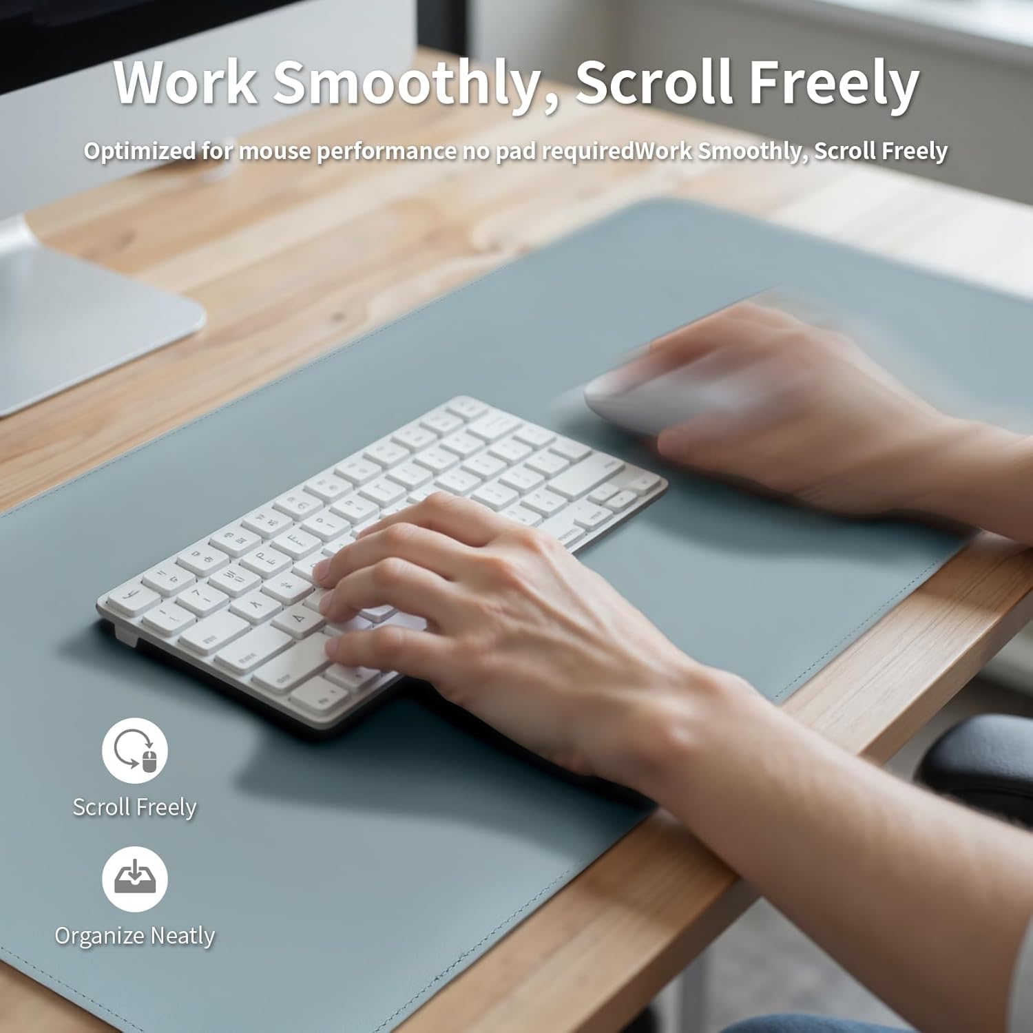 Oversized Non-Slip Desk Pad Protector with Premium Gift Box – Vegan Leather Waterproof Laptop Mat for Keyboard & Mouse, Grips Desk Firmly – Large Office Pad– Morning Fog Blue