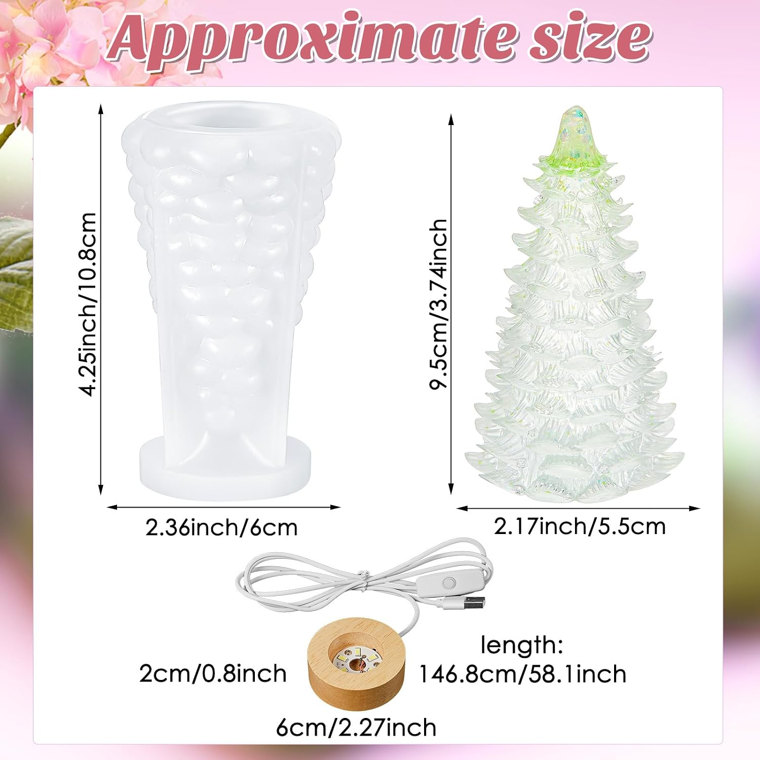 Honoson 3 Pieces Light Resin Silicone Mold Set, Includes 1 Resin Mold and 2 USB Powered Wooden Lighted Base Stands for DIY Table Candle Desktop Lamp Ornaments(2.6 x 4.3 Inches,Cedar)