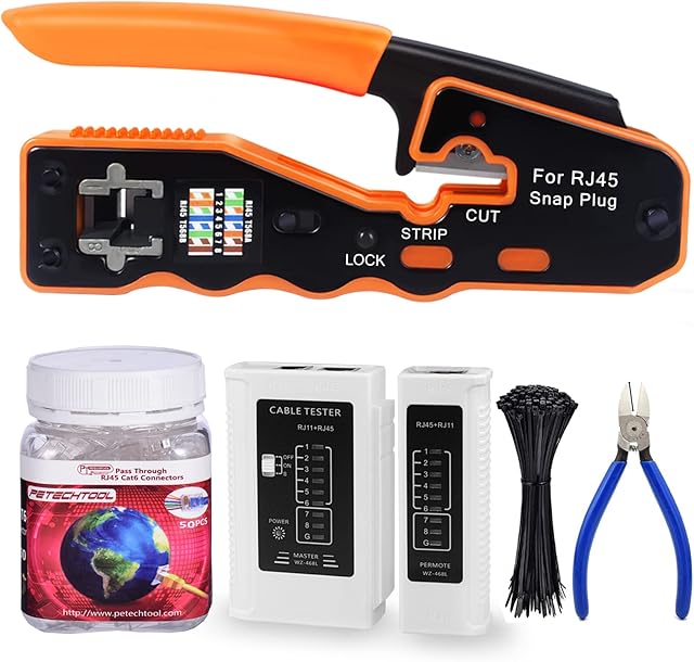 RJ45 Crimp Tool Set Pass Through Crimper for RJ45 CAT6 CAT6A CAT5 CAT5E with 50PCS RJ45 Cat6 Connectors 23AWG Ends, Network Cable Tester, Wire Cutter, 100PCS Cable Ties Black
