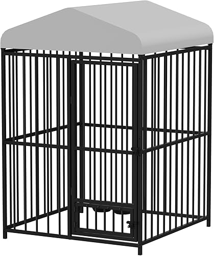 Perrera para perros al aire libre con techo, jaula de metal resistente de 4 x 4 x 6 pies, cubierta impermeable resistente a los rayos UV, cuenco de
