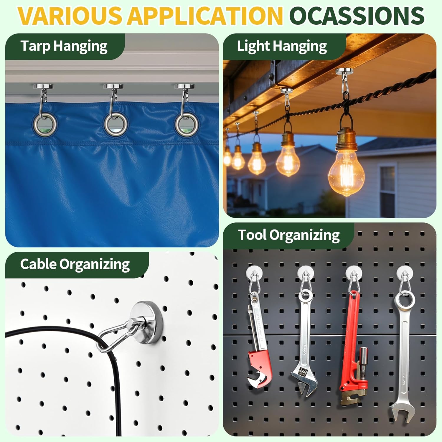Grtard 12Pack Magnetic Hooks Heavy Duty, 150Lbs Strong Magnetic Hooks with Swivel Carabiner for Cruise Cabins, Neodymium Magnet Hooks Heavy Duty, Magnetic Carabiner Hook for Garage, Workplace, Kitchen