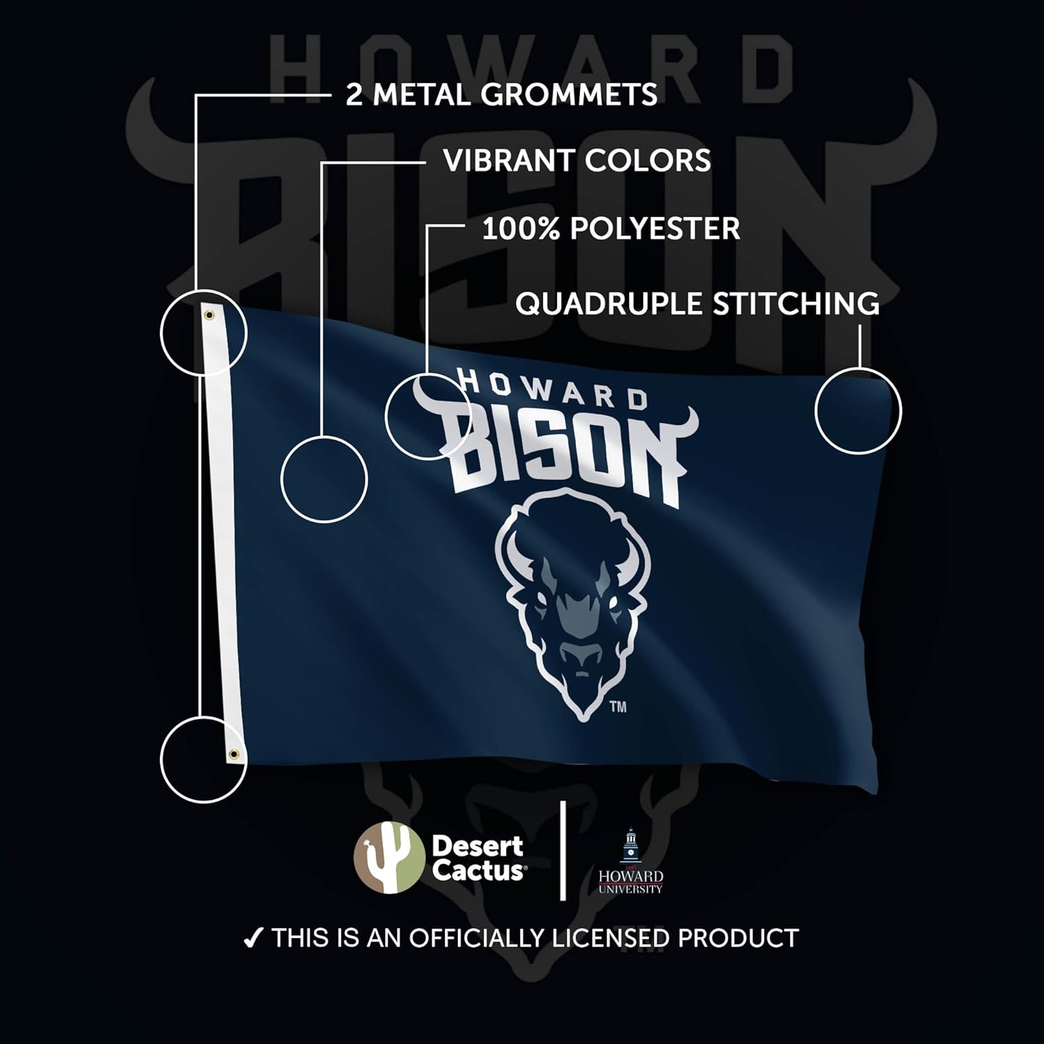 Desert Cactus Howard University HU Flag - 3 x 5 Feet Bison Banner, Indoor/Outdoor Durable Fabric, 100% Polyester Design (Style 1a)