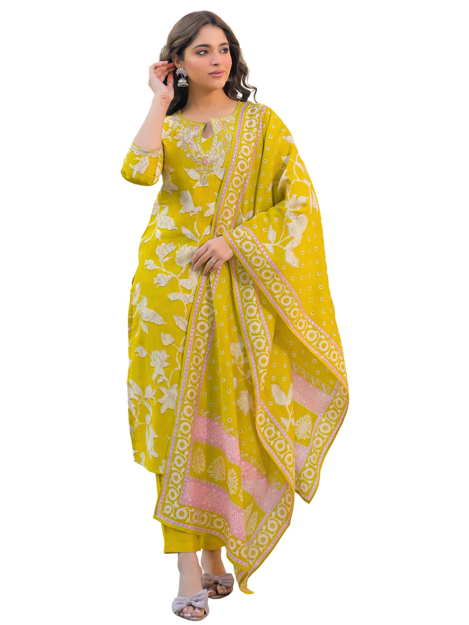 Women's Yellow Viscose Printed Straight Floral Kurta Trousers With Dupatta Set | Daily Straight Kurta Set For Women | Floral Salwar Suit For Women-image-3
