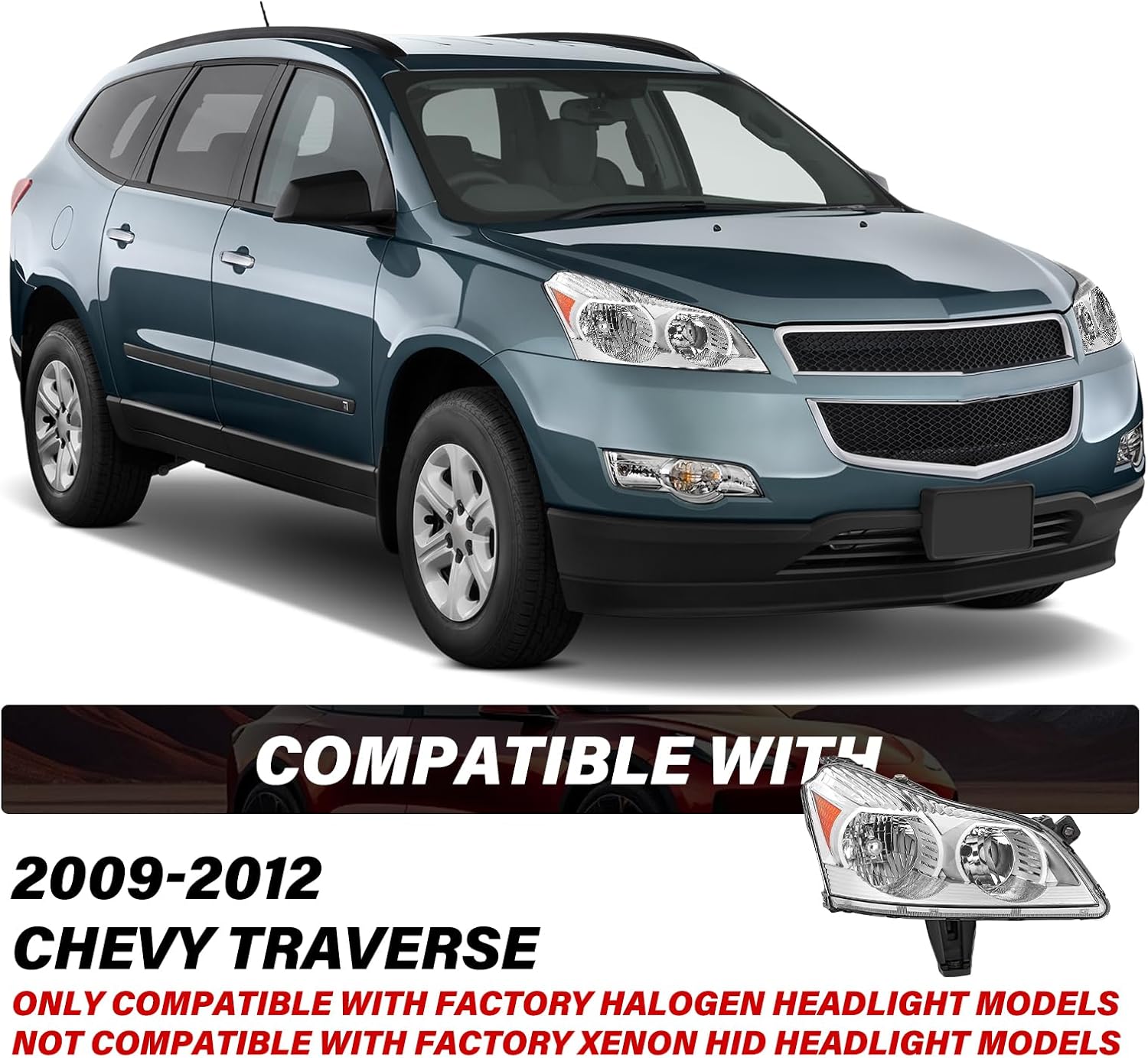 Bingbingmotor BRYGHT Fits for 2009 2010 2011 2012 Chevy Traverse Headlight Assembly NO FOGGING 09 10 11 12 Front Lamp OE Style Headlamp Repacement Right Passenger Side, Chrome Housing